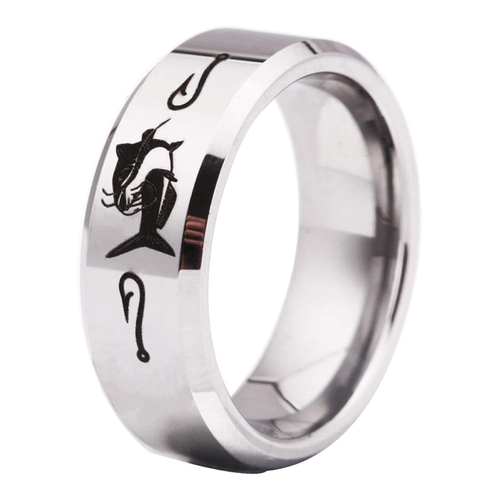 CLOUD DANCER Silver Tungsten Ring for Men - Catfish Design Wedding Band, Engravable Promise Ring - Durable & Scratch-Resistant Jewelry for Grooms, Anniversaries & Outdoor Enthusiasts