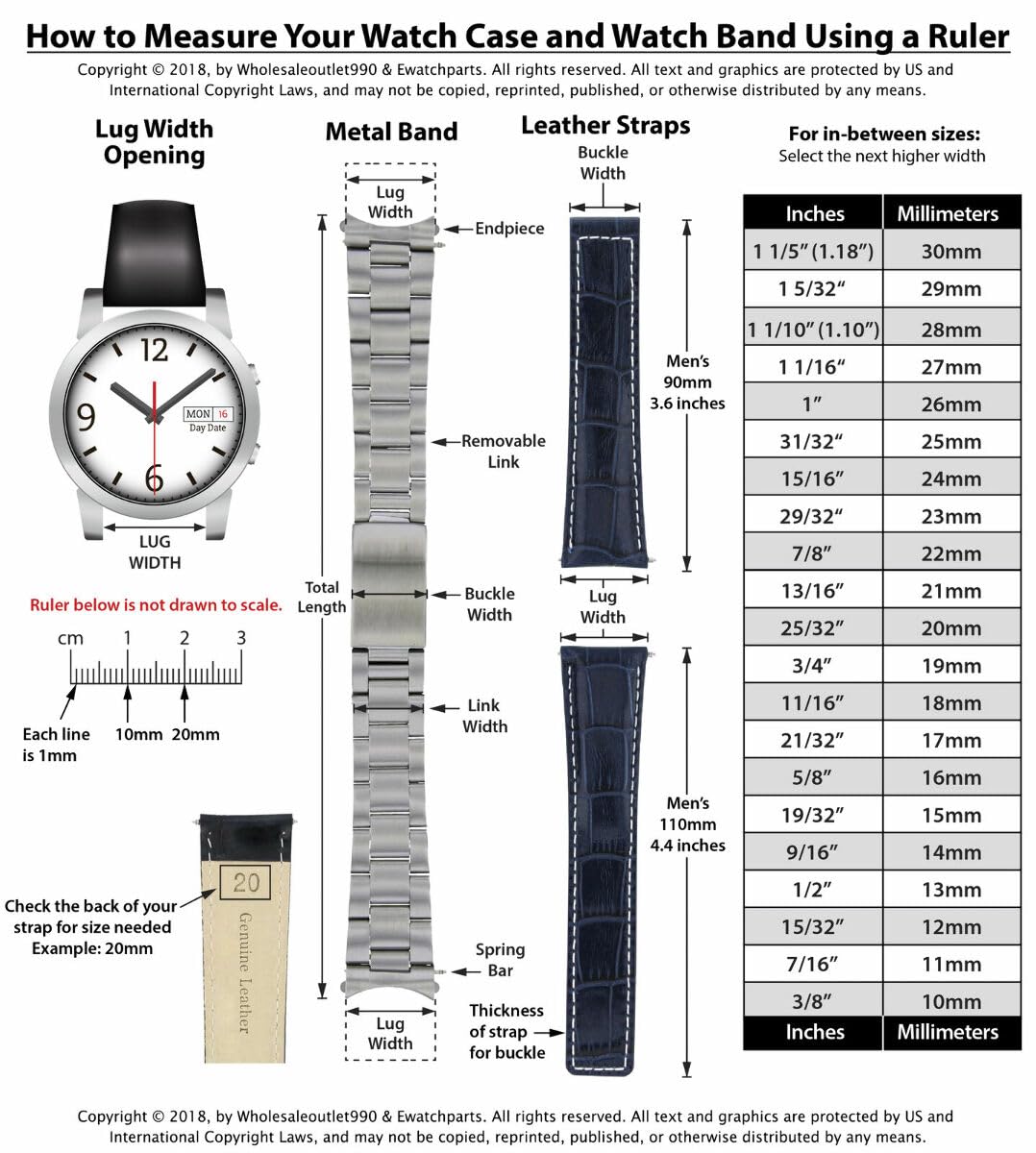 18mm Leather Watch Band for Movado Quartz 3600161 - Black with White Stitching | Dress & Casual Wear