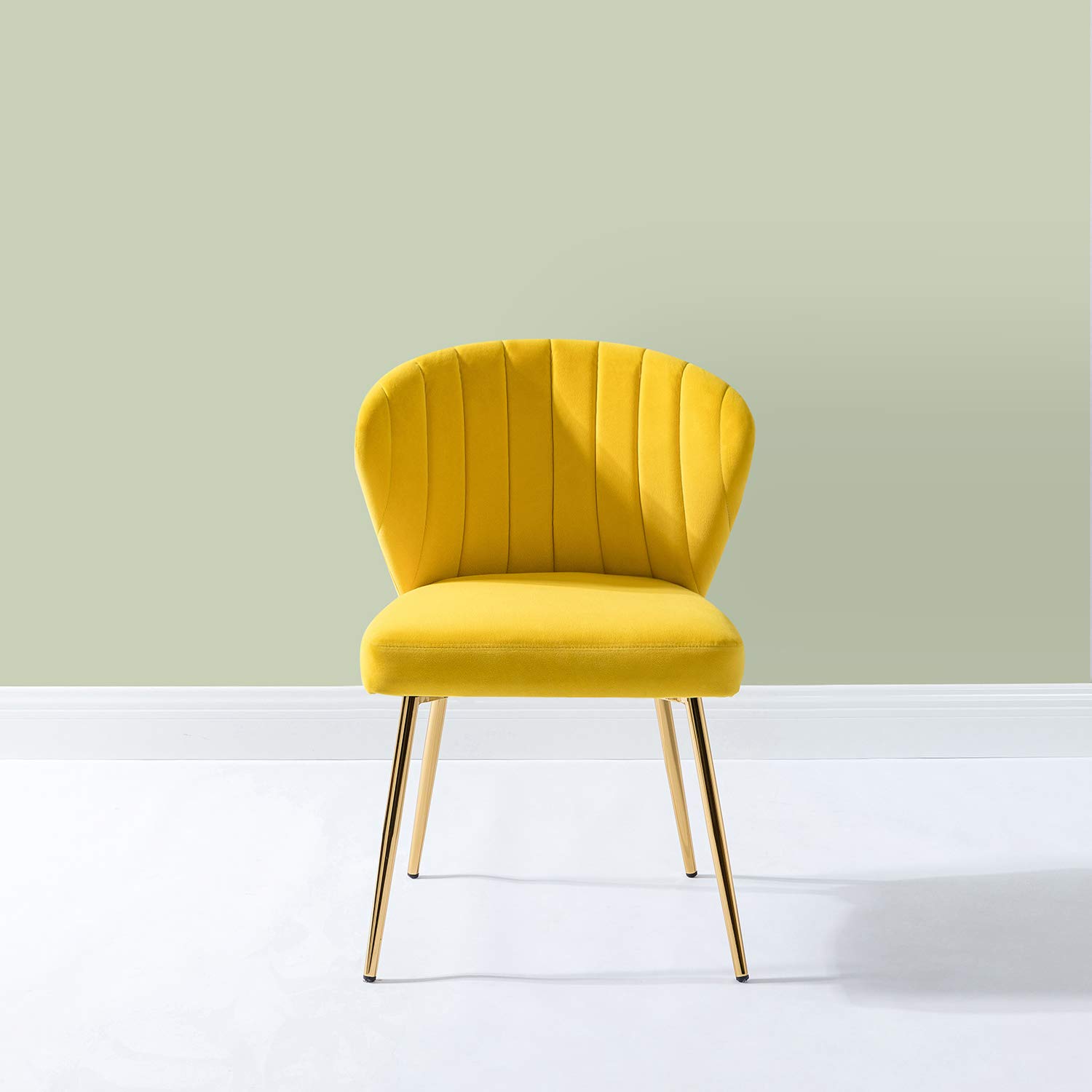 Modern Velvet Dining Room Chairs with Golden Metal Legs - Upholstered Tufted Accent Chair for Kitchen, Vanity, Patio & Beauty Room (Yellow, 1-Pack) - Perfect for Small Spaces, Breakfast Nooks & Cozy Home Decor