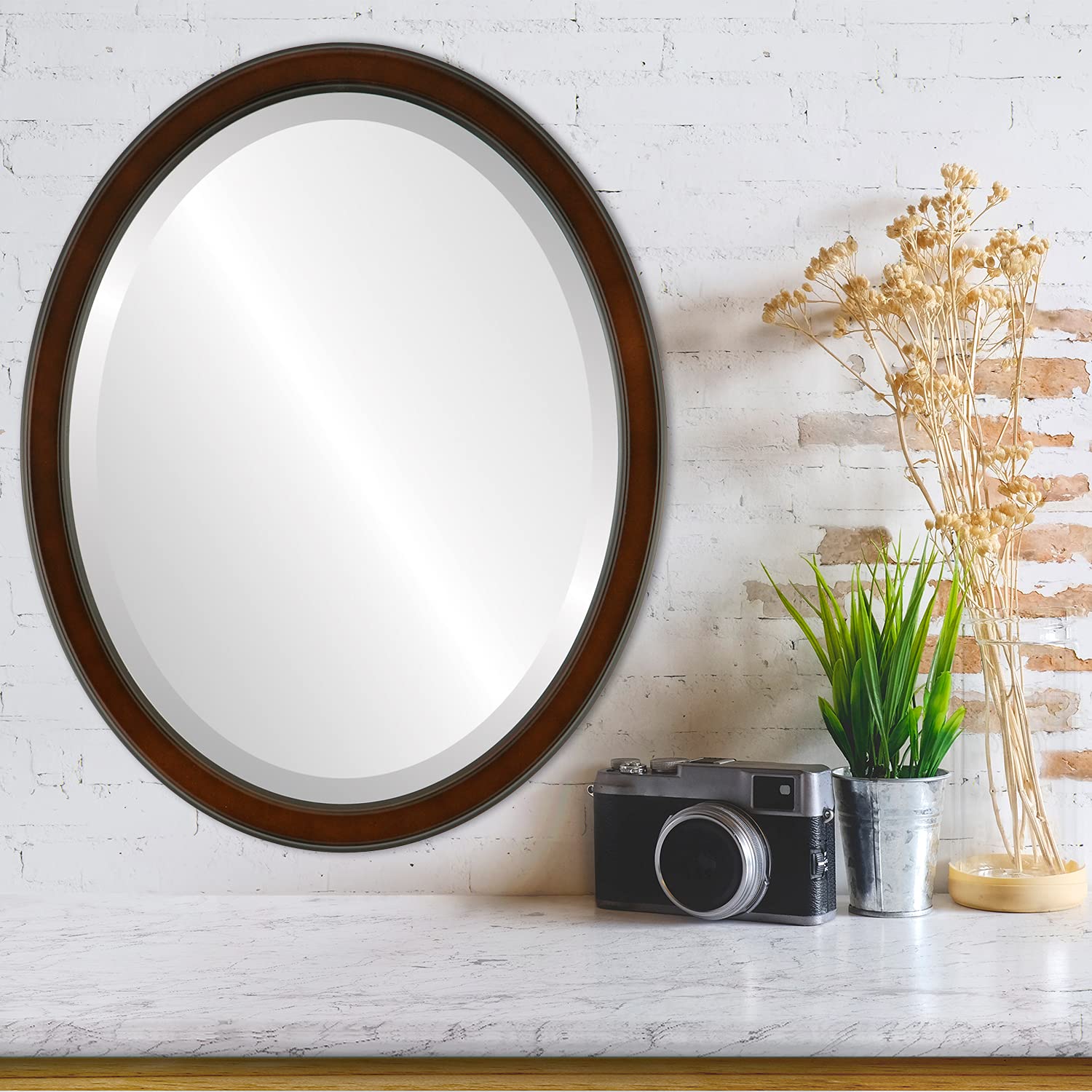Oval Beveled Wall Mirror 22x26 Inches - Walnut Finish Toronto Style Home Decor - Perfect for Living Room, Bedroom, Entryway & Bathroom