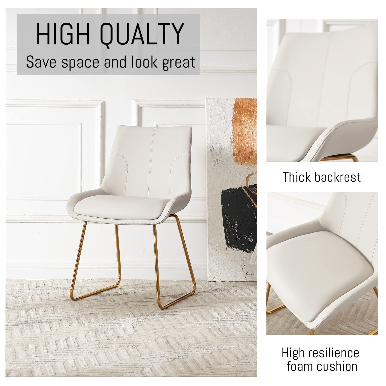 Mid Century Modern Dining Chair Set of 4 - Faux Leather Upholstered Kitchen Side Chairs with Gold Metal Legs | Comfortable Seating for Dining Room, Kitchen, Breakfast Nook & Small Spaces
