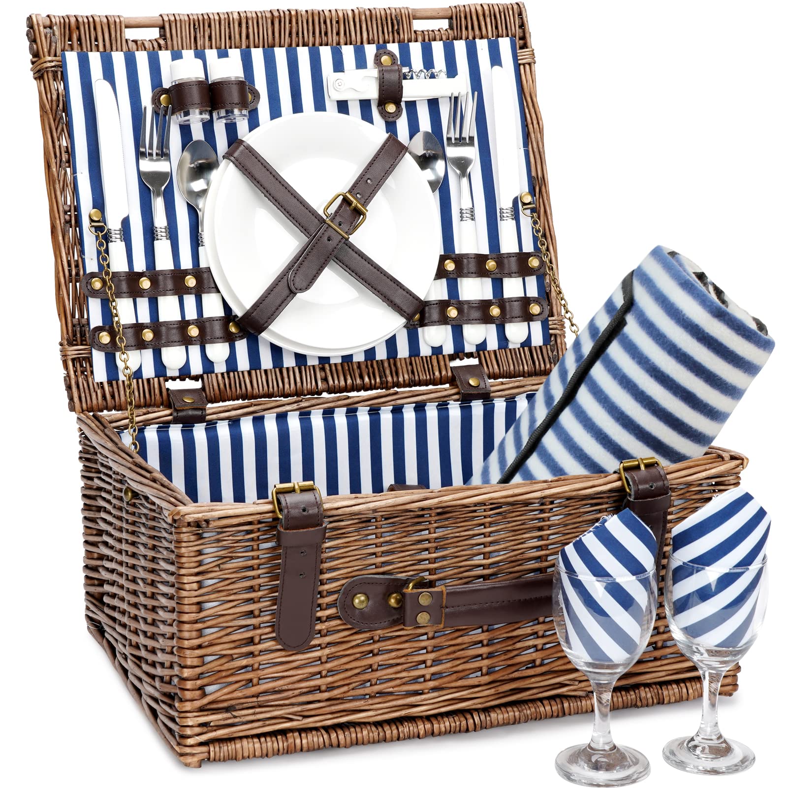 Premium Wicker Picnic Basket for 2 - Complete Outdoor Picnic Set with Willow Hamper, Perfect for Camping, Beach & Romantic Dates - Ideal Anniversary Gift & Party Essentials
