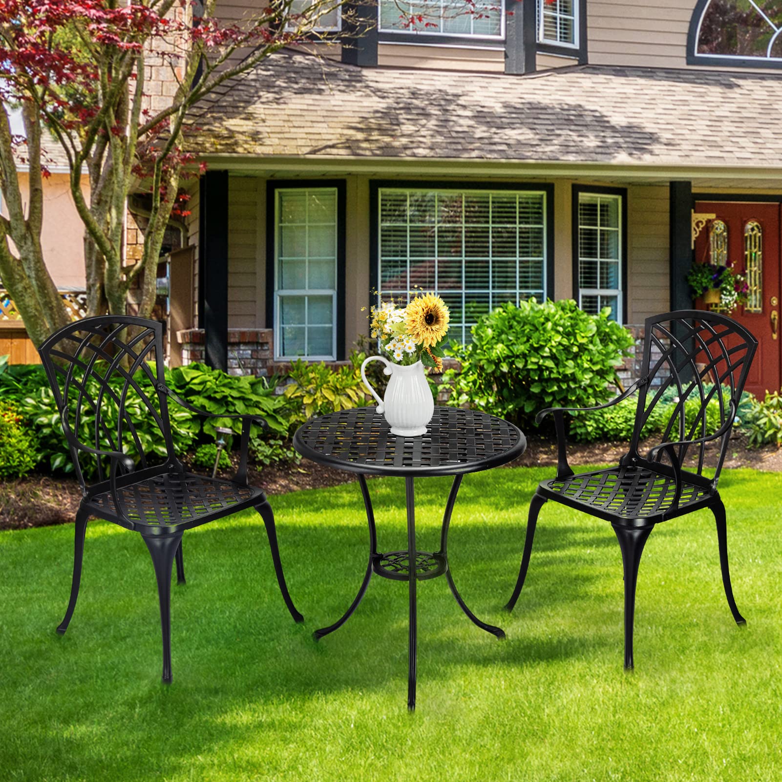 IDEALHOUSE 3-Piece Cast Aluminum Patio Bistro Set with Umbrella Hole - Rust-Resistant Outdoor Table and Chairs for Garden, Backyard, Balcony - Indoor/Outdoor Use - Perfect for Coffee Mornings, Outdoor Dining, and Relaxing in Black