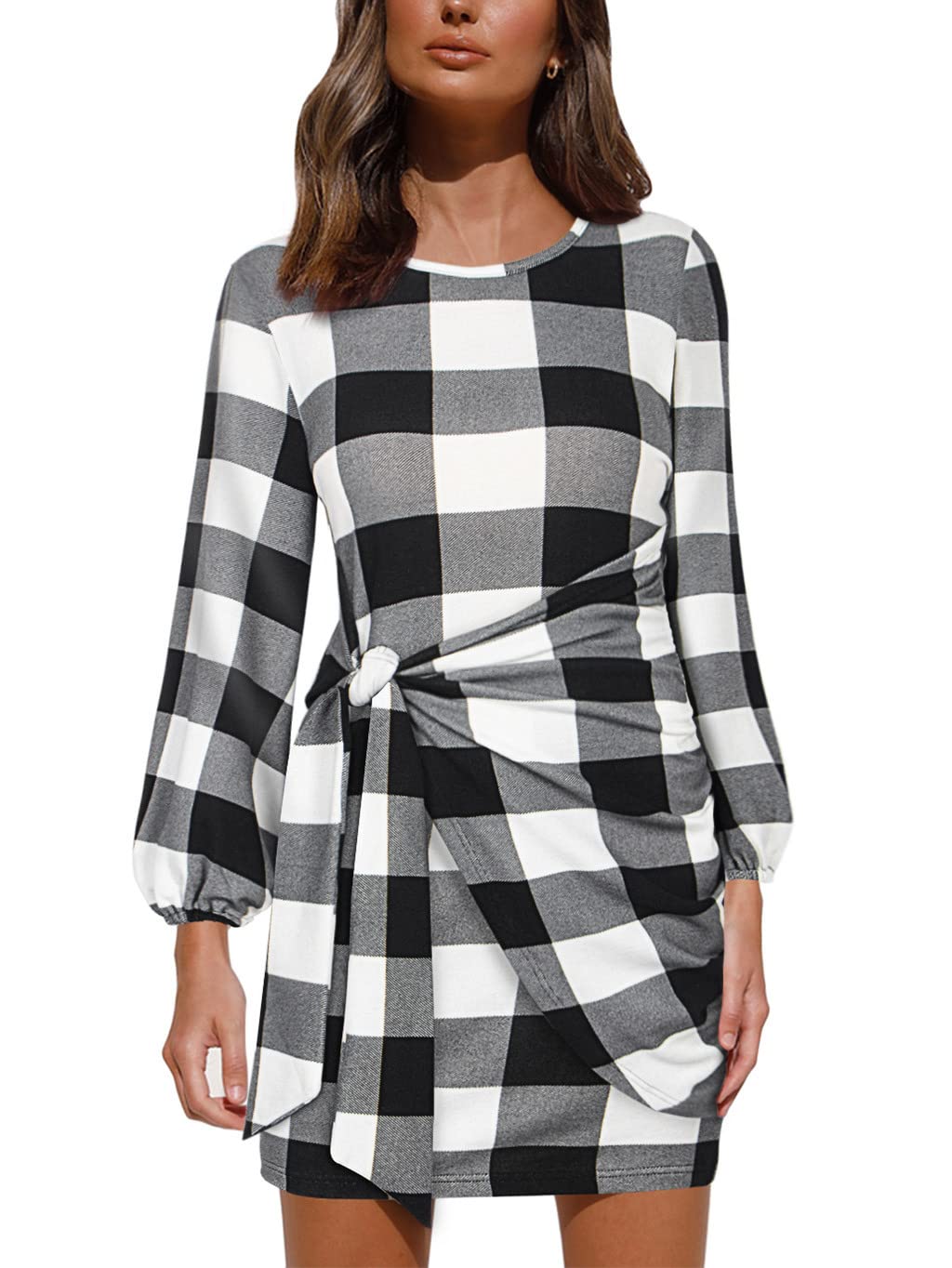 REORIA Women's Fall Mini Dress with Long Lantern Sleeves, Crewneck, Bodycon Fit & Wrap Tie Waist - Perfect for Date Nights, Parties, and Office Wear