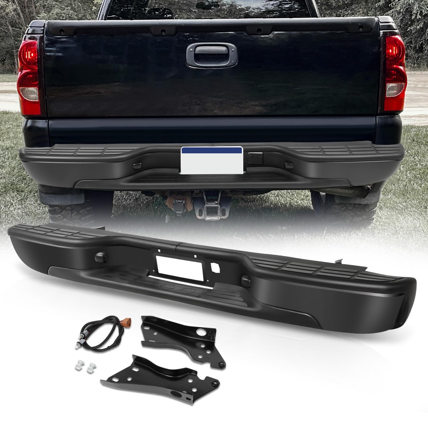 Auto Dynasty Rear Step Bumper Assembly for 1999-2006 Chevy Silverado & GMC Sierra 1500/2500 | 2007 1500 Classic Fleetside/Styleside | Black Powder Coated | w/License Plate Lights | No Parking Sensor Hole | Heavy Duty Truck Accessory for Off-Road & Towing