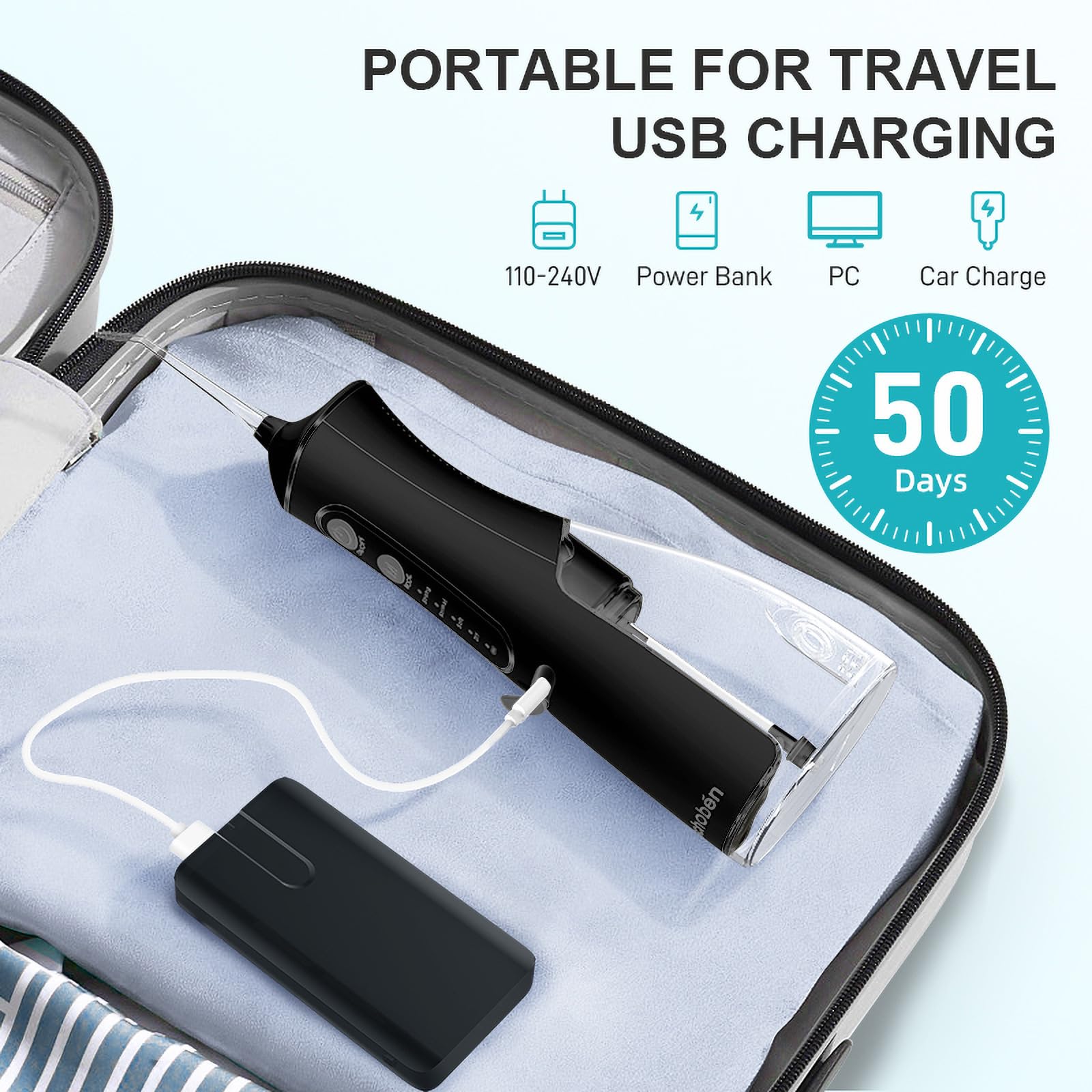 **Uthvouxy Cordless Water Flosser - Portable Rechargeable Dental Flosser with 4 Modes & 5 Tips, Waterproof Oral Irrigator for Teeth Cleaning, Home & Travel Use (Black)**    *Perfect for daily oral care, travel convenience, and deep cleaning between teeth and gums.*