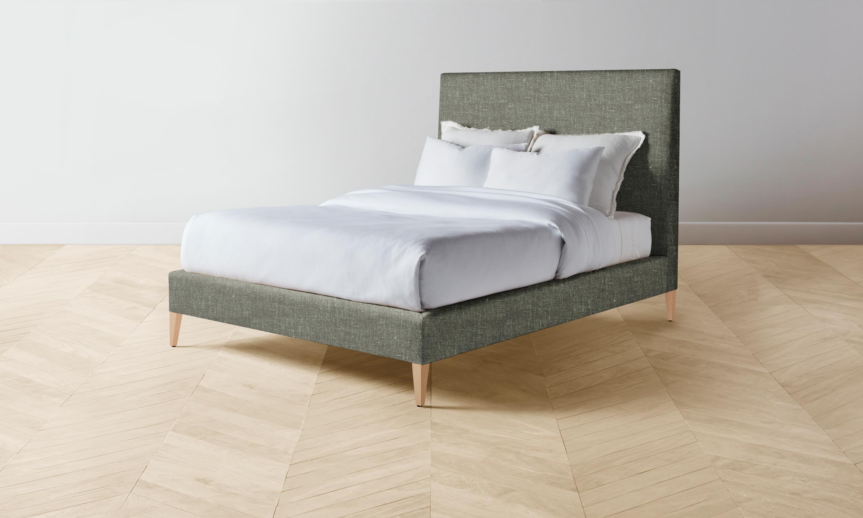 The Essex Bed - Heritage Belgian Linen Upholstered Bed Frame in Thyme | Luxury Bedroom Furniture for Modern Homes