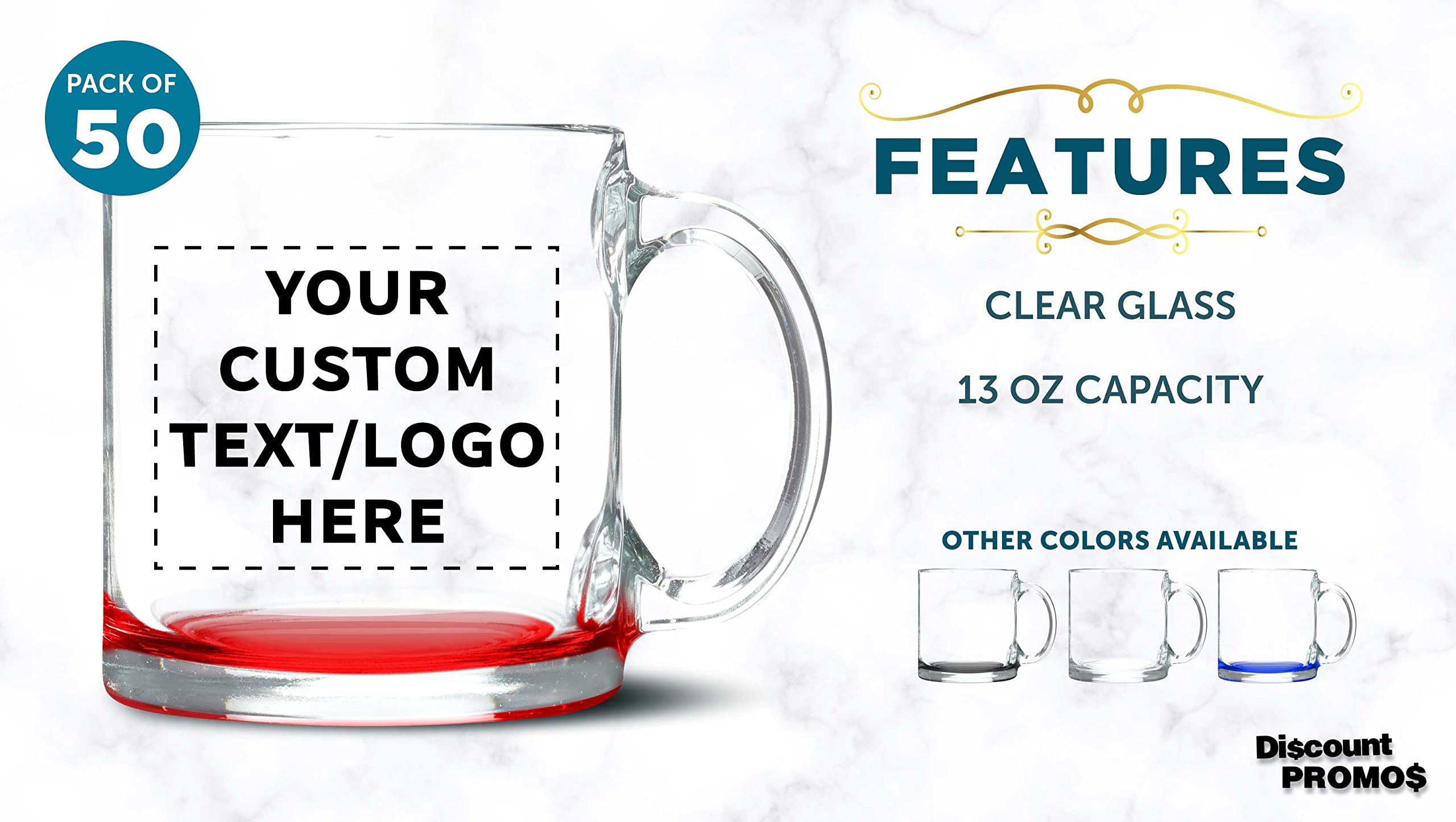 Personalized 13 oz Clear Glass Coffee Mugs Set of 50 - Bulk Libbey Custom Mugs for Coffee, Tea, Espresso & Hot Cocoa - Red Bottom - Ideal for Restaurants, Cafes, Offices & Events