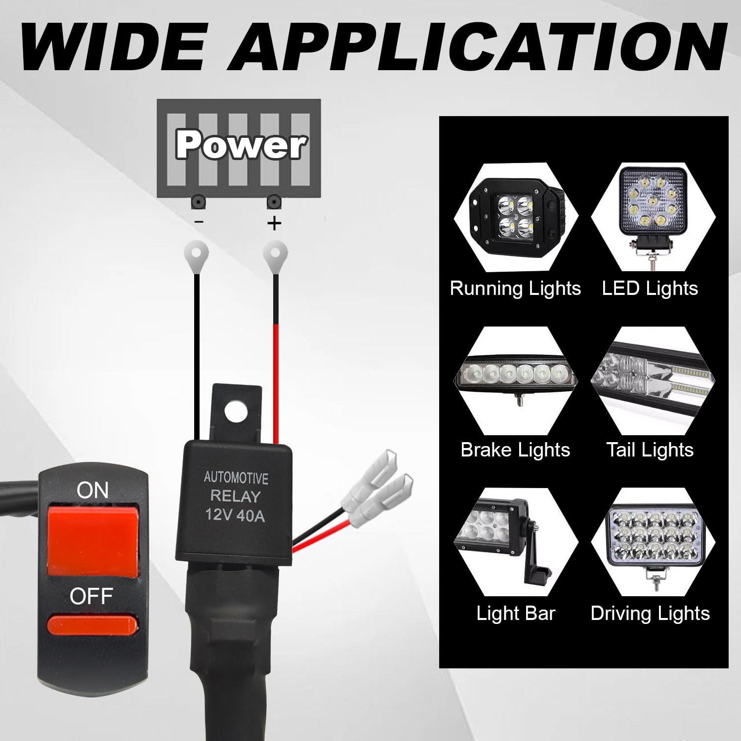 DZG Motorcycle LED Light Wiring Harness Kit 12V 2 Leads 30A Fuse 40A Relay ON/Off Switch 18AWG - Compatible with Fog Lights, Light Bars, Driving & Auxiliary Work Lights - Perfect for Off-Road, Night Riding & Emergency Vehicles
