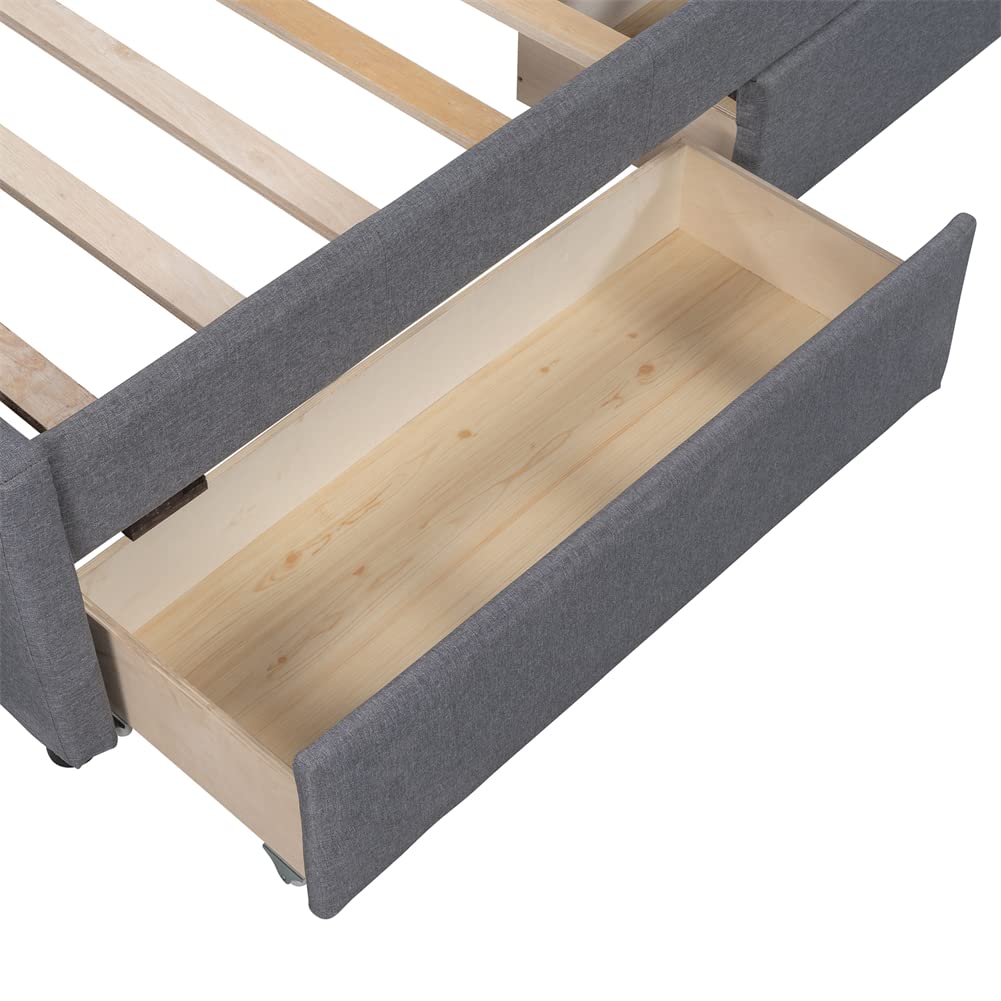 Linen Upholstered Platform Bed Frame with Storage Drawers & Tufted Headboard - Solid Pine Wood Twin Size Bed for Small Spaces | Modern Bedroom Furniture for Apartments, Dorms & Guest Rooms