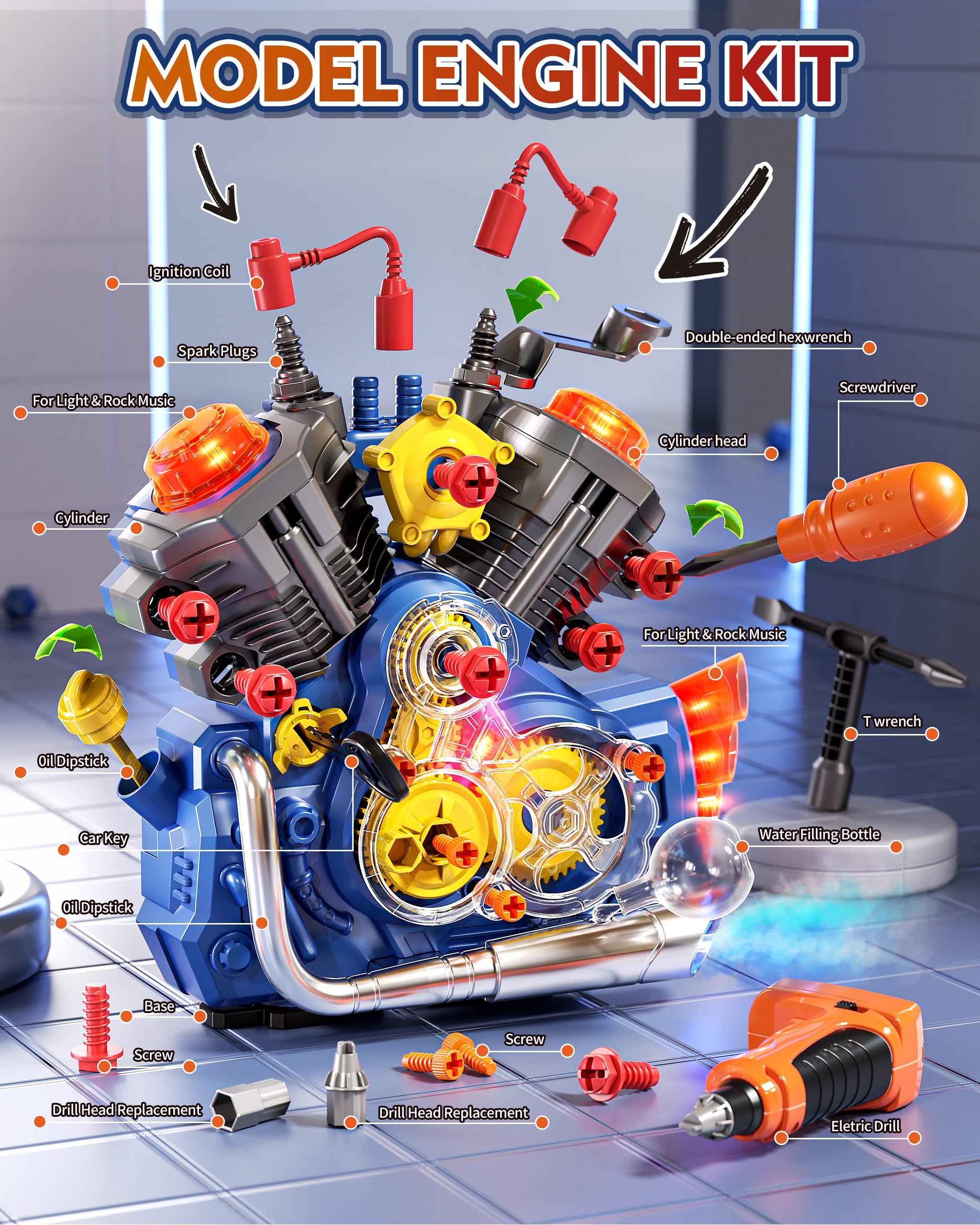 STEM Motorcycle Engine Building Kit for Kids - Educational Mechanic Toy with Cool Light & Sound, Science Model Kit for Boys & Girls Ages 3+ - Perfect for STEM Learning, Birthday Gifts & Pretend Play (Blue)