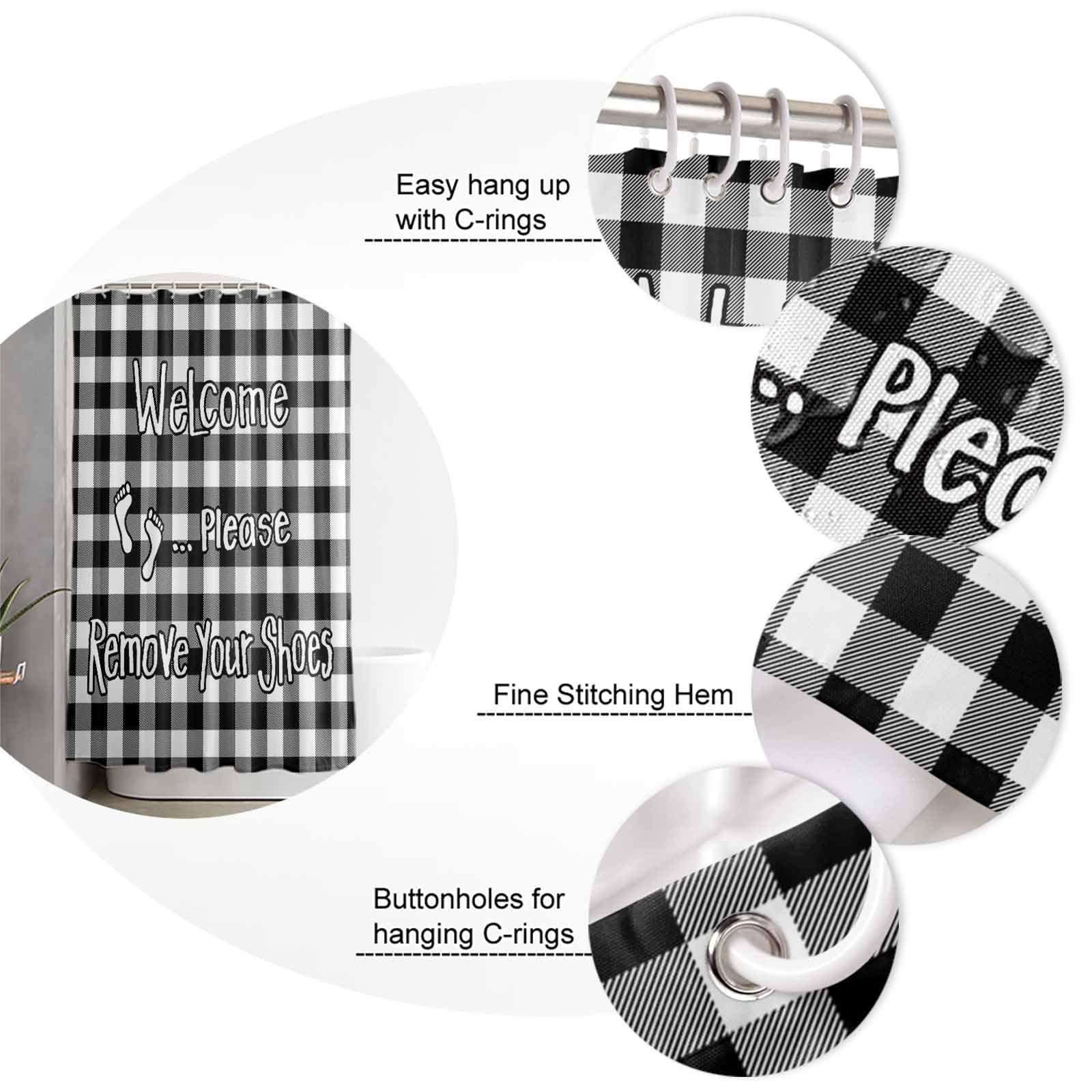 4-Piece Bathroom Set - Non-Slip Shower Curtain, Plaid Doormat, Toilet Seat Cover & Bath Mat | Black & White Checkered Decor | Perfect for Modern Bathrooms, Guest Baths & Apartment Living