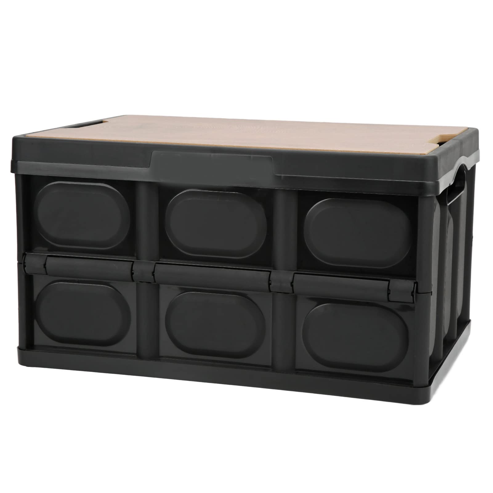 Minifinker Car Storage Box - Portable Folding Organizer with Removable Wooden Panel, Multifunctional Auto Safe for Vehicle Accessories (Black) - Perfect for Road Trips, Camping & Car Organization