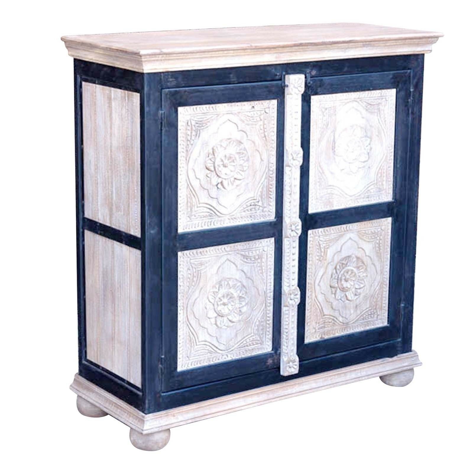 Vintage Floral Carved Solid Wood Sideboard - Whitewashed Black Finish | Farmhouse Dining Room Buffet & Entryway Storage Cabinet