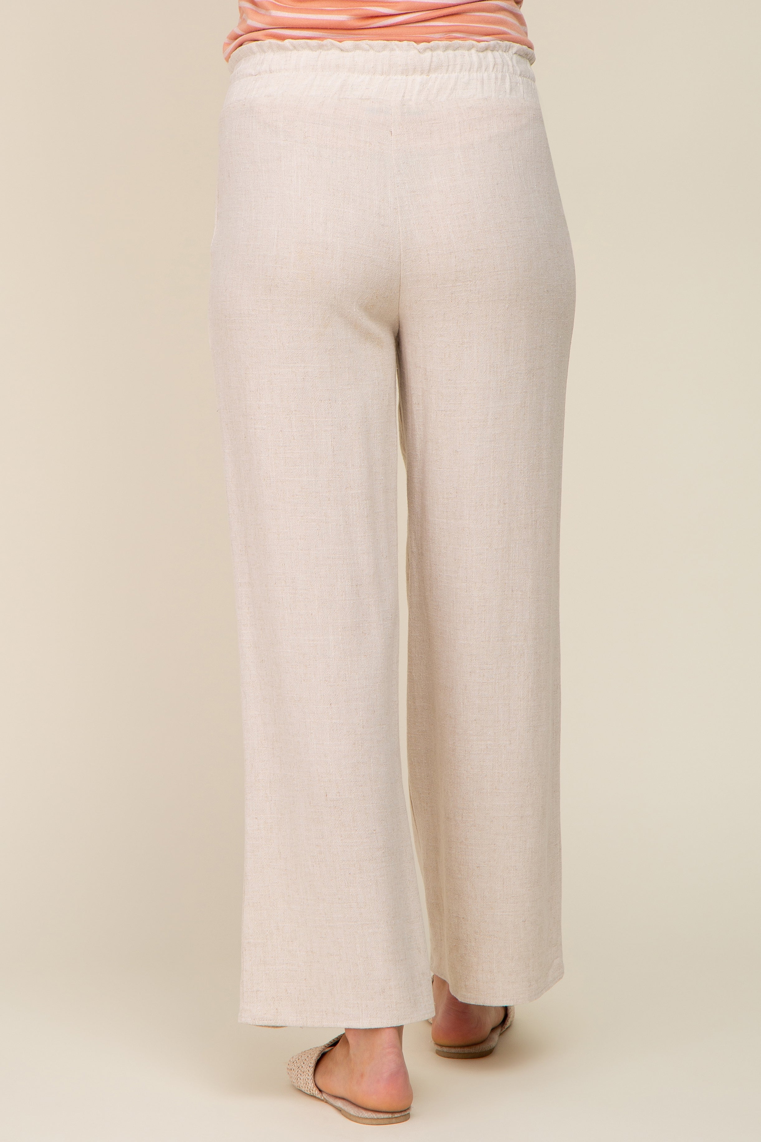 Beige Linen Wide Leg Maternity Pants for Women - Comfortable Pregnancy Pants with Elastic Waistband - Perfect for Work, Casual Wear & Maternity Photos