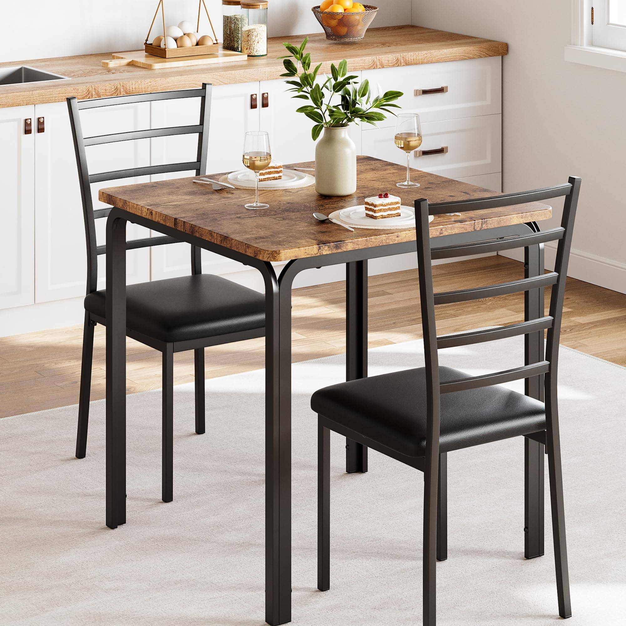 IDEALHOUSE 3-Piece Square Dining Table Set for 2 - Small Space Kitchen & Dinette Set with 2 Chairs (Vintage Style) - Perfect for Breakfast Nooks, Studio Apartments & Cozy Dining Areas