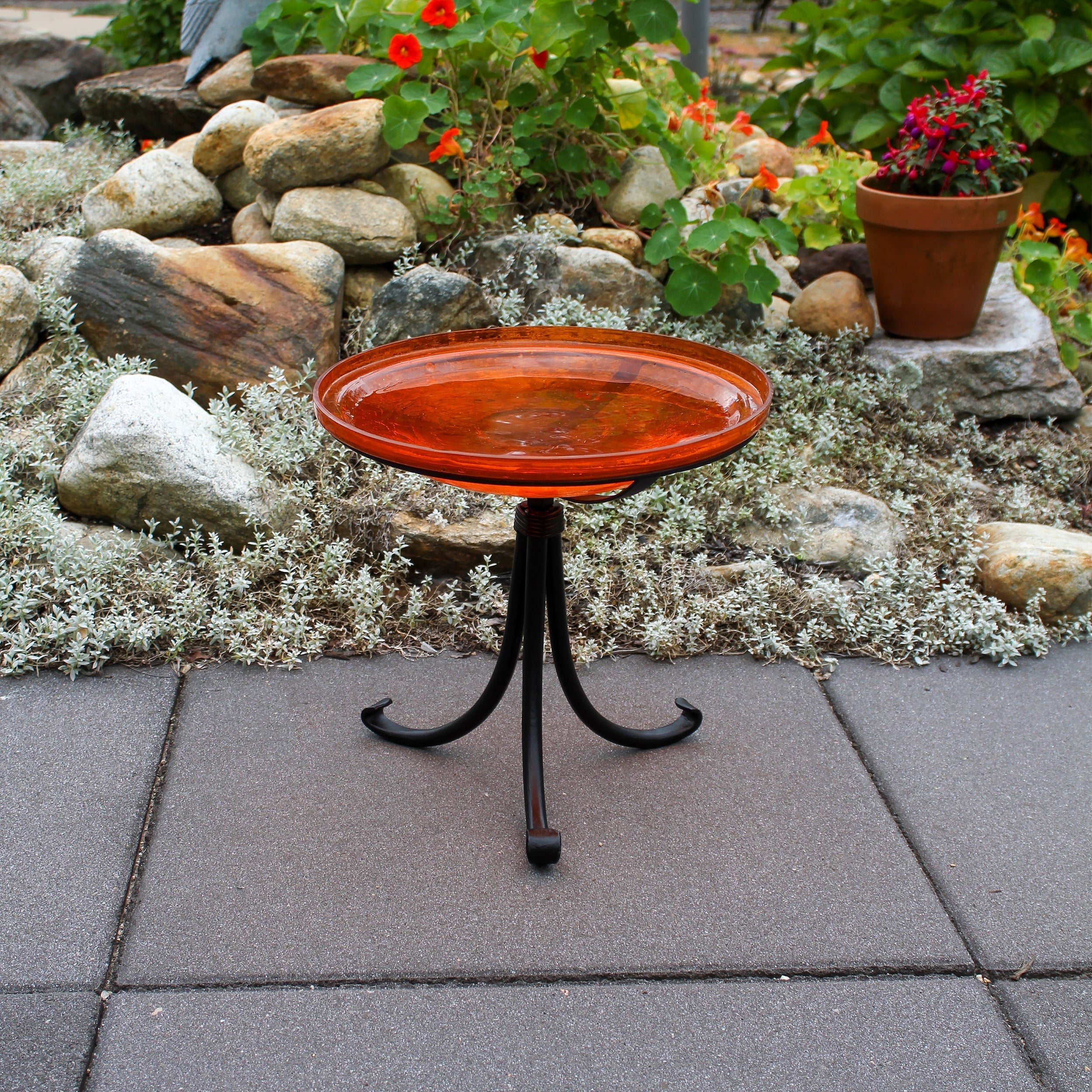 Handmade Mandarin Crackle Glass Birdbath Bowl - Outdoor Garden Decoration for Birds & Wildlife - Perfect for Patio, Yard & Backyard Bird Watching
