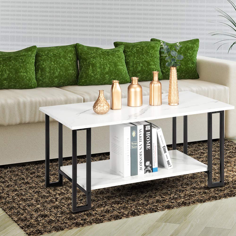 Modern White Marble Print Coffee Table with Shelf - Mid Century Rectangle End Table with Sturdy Metal Frame for Living Room, Bedroom or Office - 39 Inch Contemporary Accent Table for Small Spaces