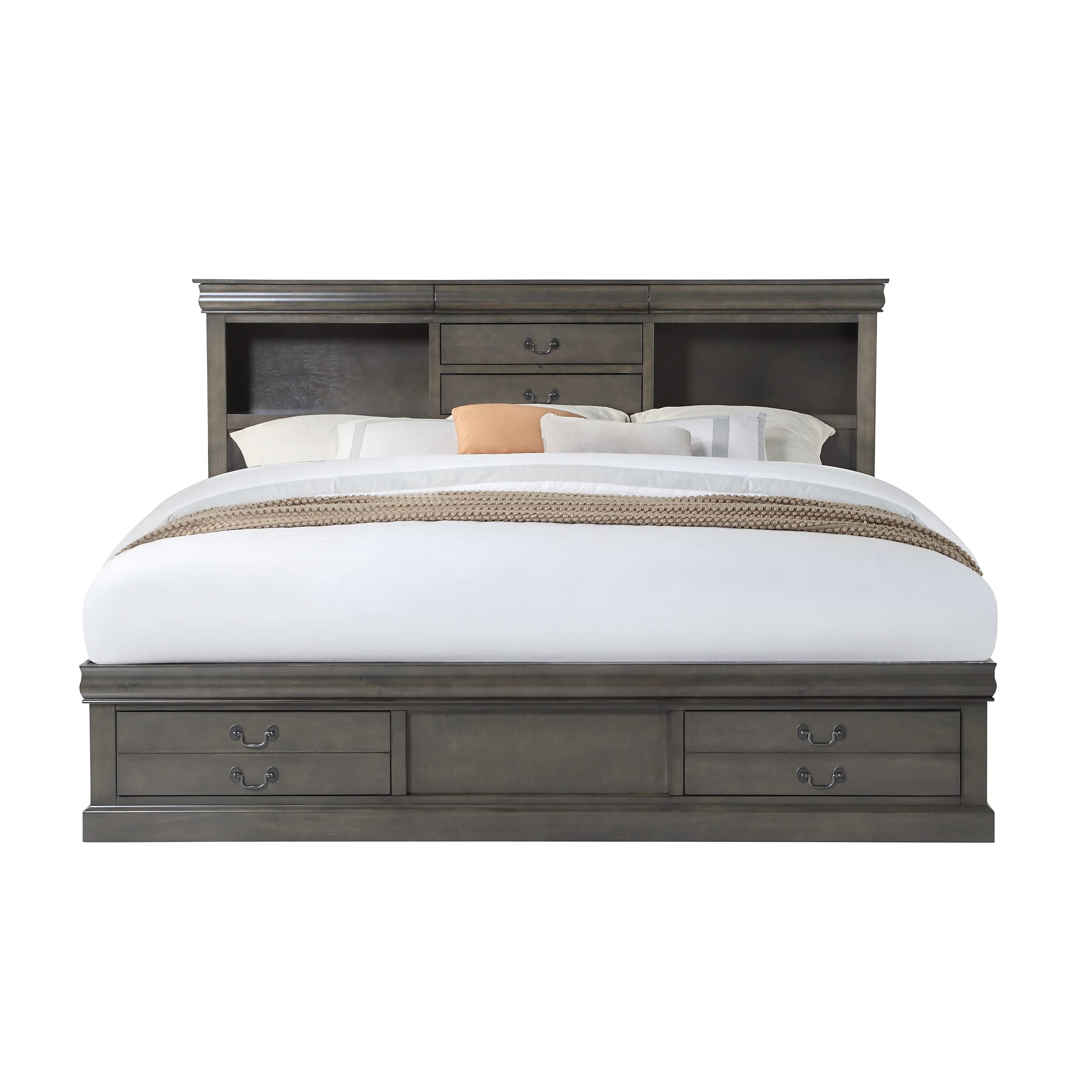 HABITRIO Solid Wood Queen Bed Frame with Storage - Headboard with 3 Hidden Drawers & 2 Bookshelves, Footboard with 2 Storage Drawers - No Box Spring Needed, Dark Gray - Perfect for Small Bedrooms & Guest Rooms with Extra Storage Needs