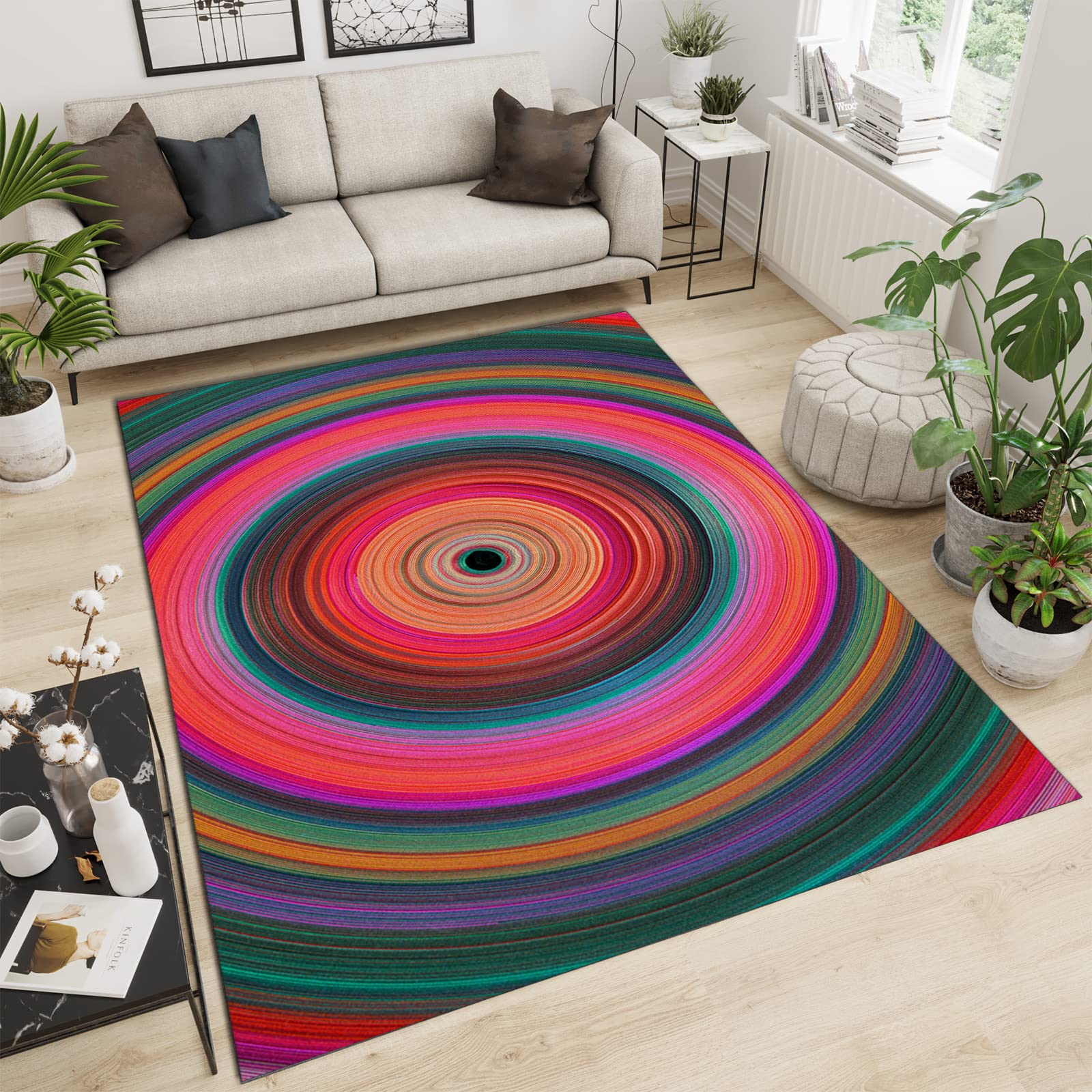 Multicolor Geometric Circle Area Rug - Soft Fluffy Machine Washable Indoor Rug for Living Room, Bedroom, Dining Room - Durable Decorative Carpet for Boys & Girls Room (6x8ft) - Perfect for Home Decor, Kids Play Area & Cozy Spaces