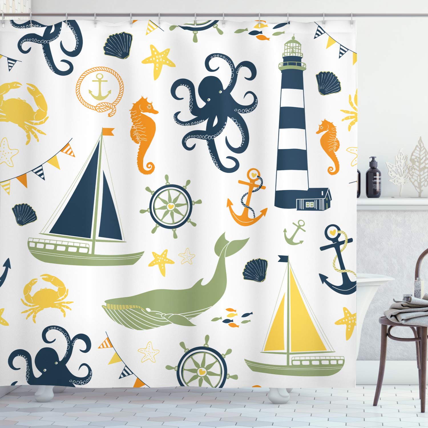 Ambesonne Nautical Shower Curtain - Pastel Lighthouse, Sailboat, Fish, Shells & Octopus Design, 69