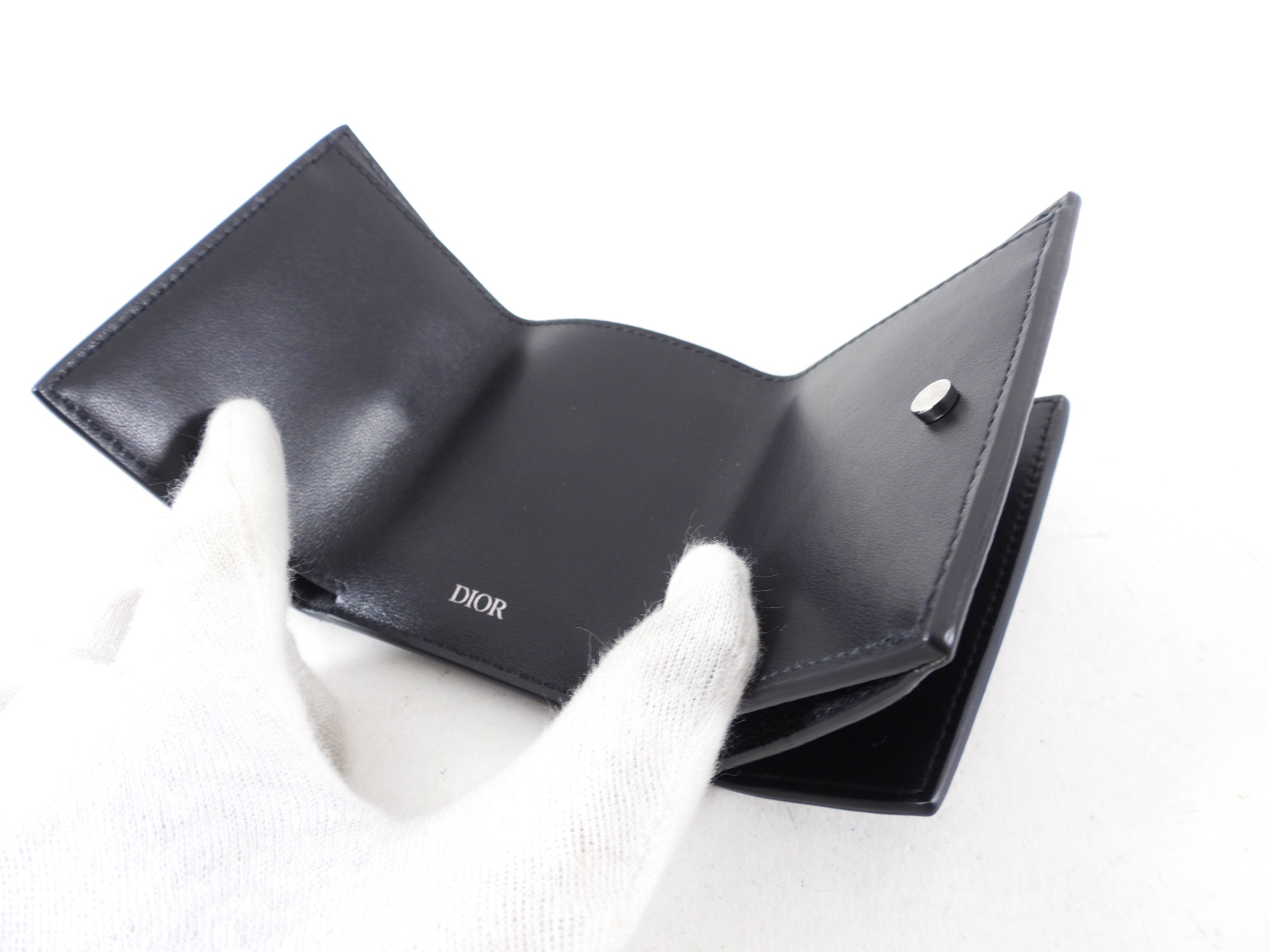 Christian Dior CD Icon Black Grained Leather Trifold Compact Wallet for Women - Luxury Designer Wallet for Everyday Use, Travel & Gifts