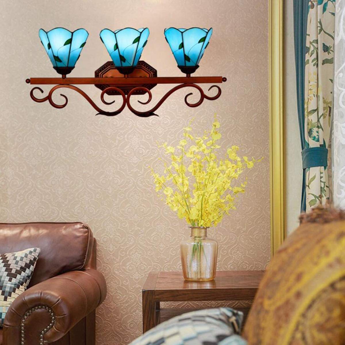 Tiffany Style Vanity Lights - 3-Light Wall Sconce with Mediterranean Blue Stained Glass for Makeup Mirror | Minimalist Bathroom Lighting & Bedroom Decor | Perfect for Dressing Rooms, Master Baths & Boudoir Vanity Areas