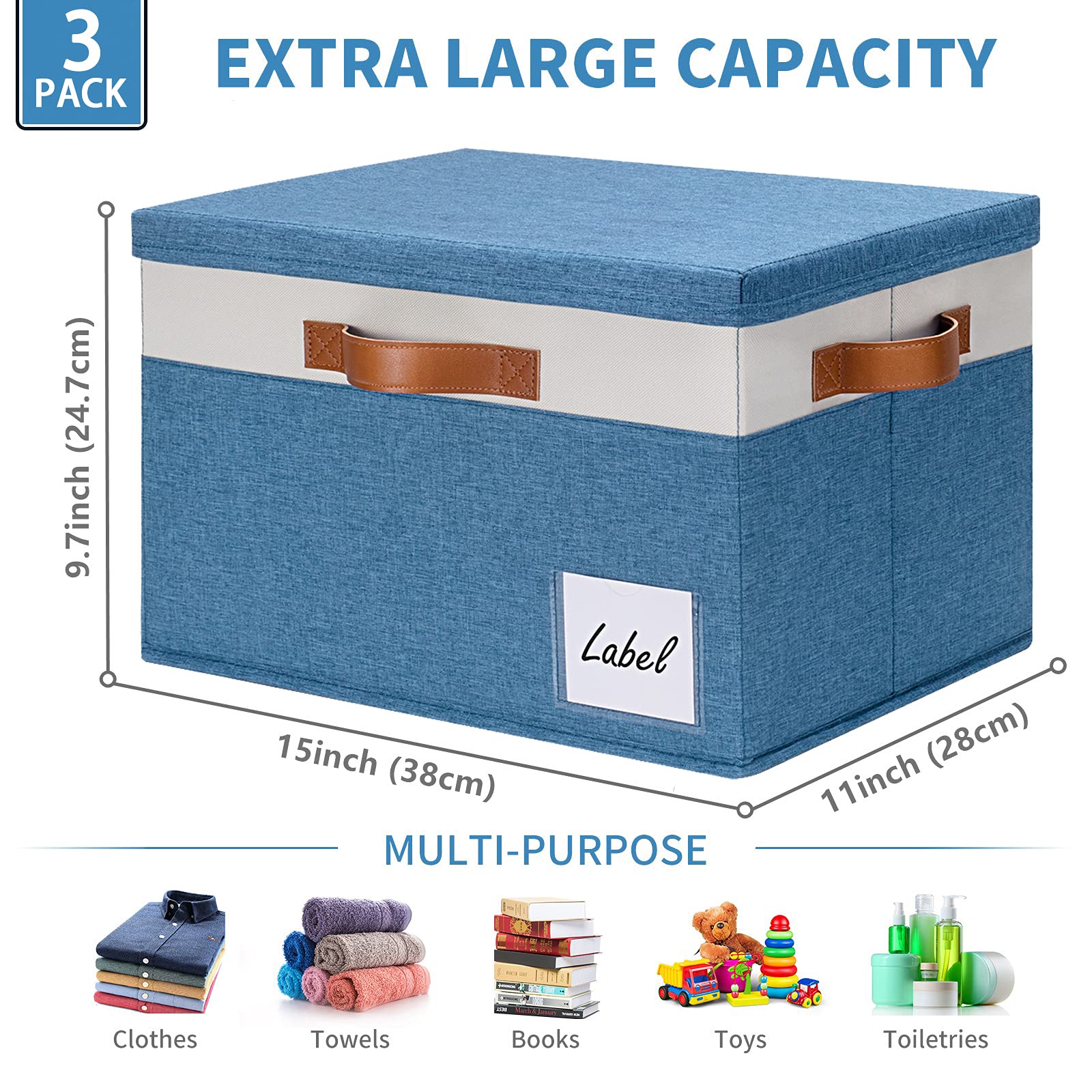 6-Pack Large Fabric Storage Bins with Lids & 3 Handles - Sturdy Closet Organizer Boxes with Label Window for Home, Bedroom, Office (Blue, 15 x 11 x 9.6 Inches) - Perfect for Toy Storage, Seasonal Clothes & Blanket Organization