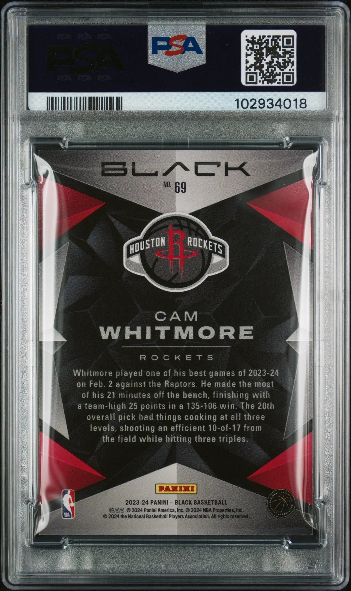 2023 Panini Black Basketball Cam Whitmore Rookie Quartz PSA 8/8 - Limited Edition Basketball Trading Card for Collectors & NBA Fans - Perfect for Sports Memorabilia Collections & Investment