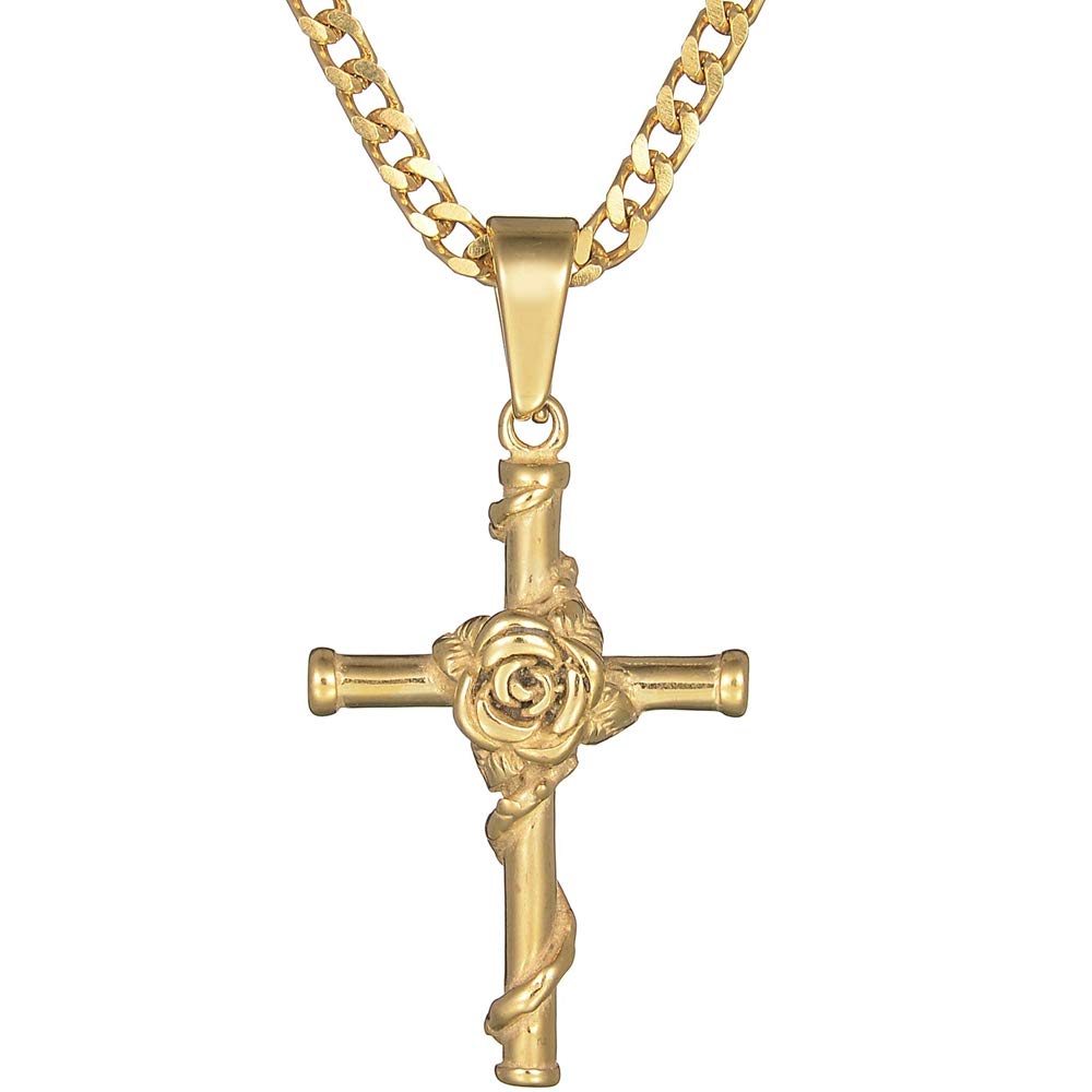Stainless Steel Rose Flower Christian Cross Pendant Necklace for Women - Religious Jewelry Gift for Baptism, Confirmation & Everyday Wear