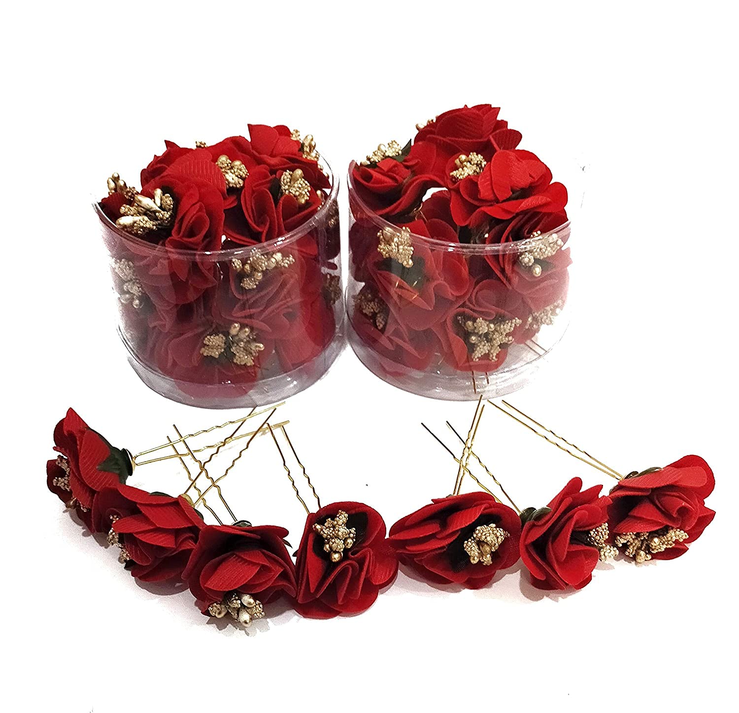 Rubela Sonpal Hair Flower Fancy Bun Metal Bobby U Shape Jura Pins for Women and Girls - 12 Pack Red Rose Hair Accessories for Wedding, Prom, Party & Special Occasions