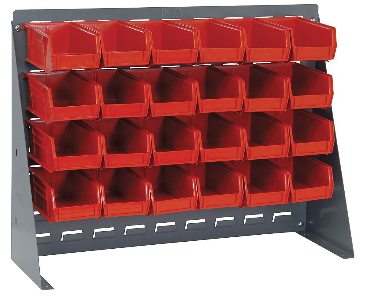 Quantum Storage Systems QBR-2721-220-24 Complete Red Bench Rack with Louvered Panels & Bins - Heavy Duty Workshop Storage Solution for Tools, Parts & Hardware Organization in Garages, Warehouses & Industrial Workstations