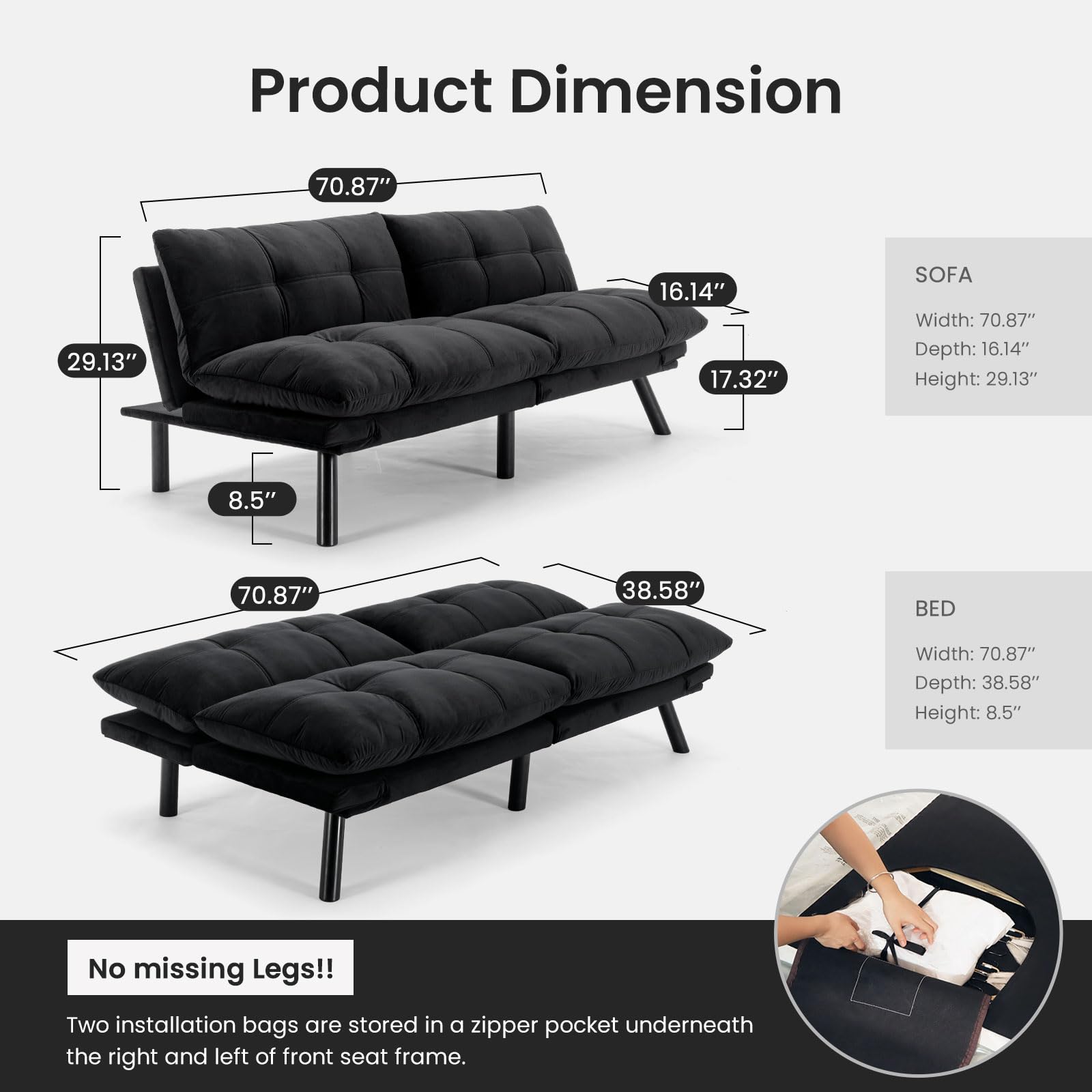 Velvet Convertible Futon Sofa Bed - 71