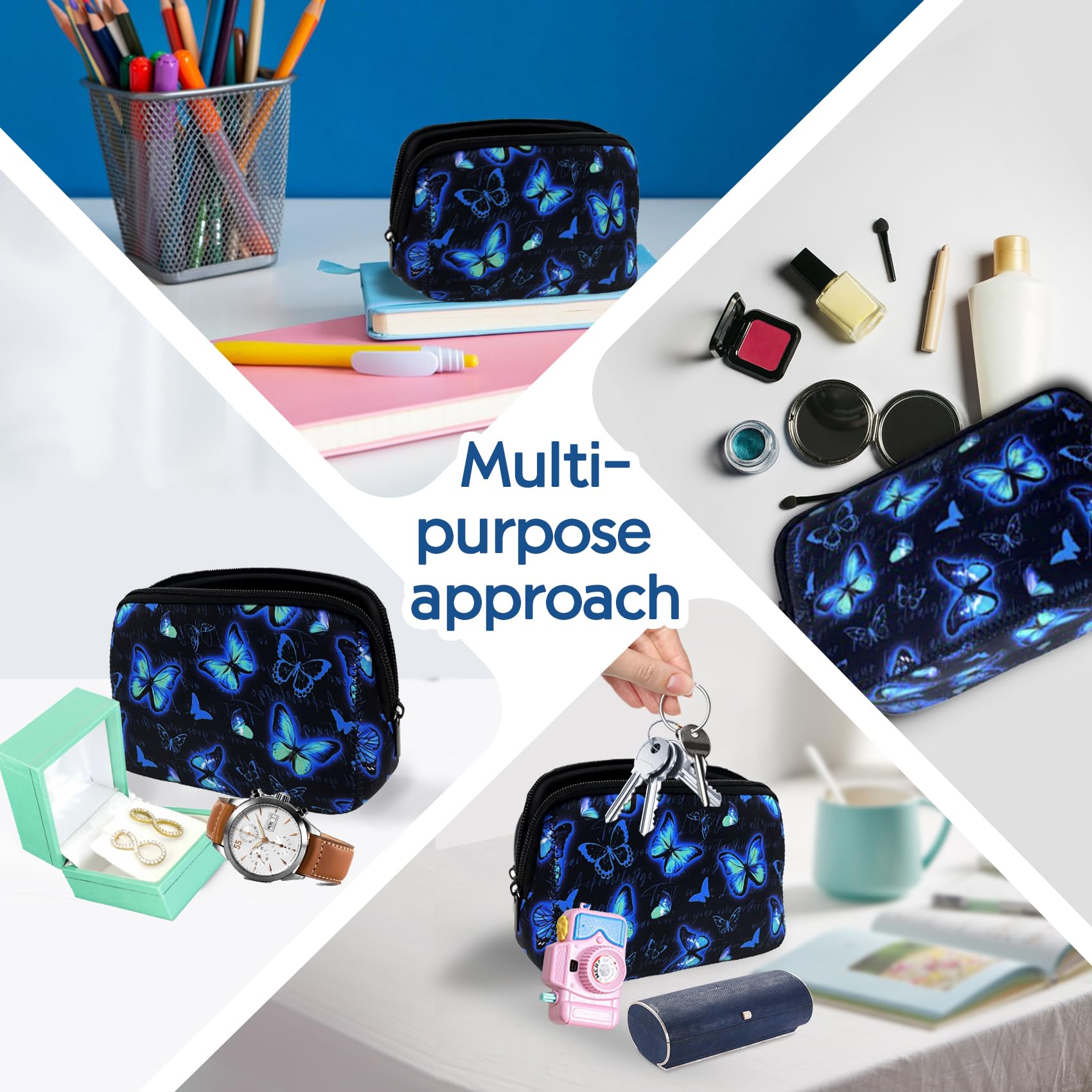 Waterproof Neoprene Makeup Bag with Butterfly Print - Cute Zippered Cosmetic Pouch for Women, Travel Toiletry Organizer - Perfect Gift for Teacher, Mom, Sister & Girlfriend - Great for Travel, Gym, Beach & Daily Use