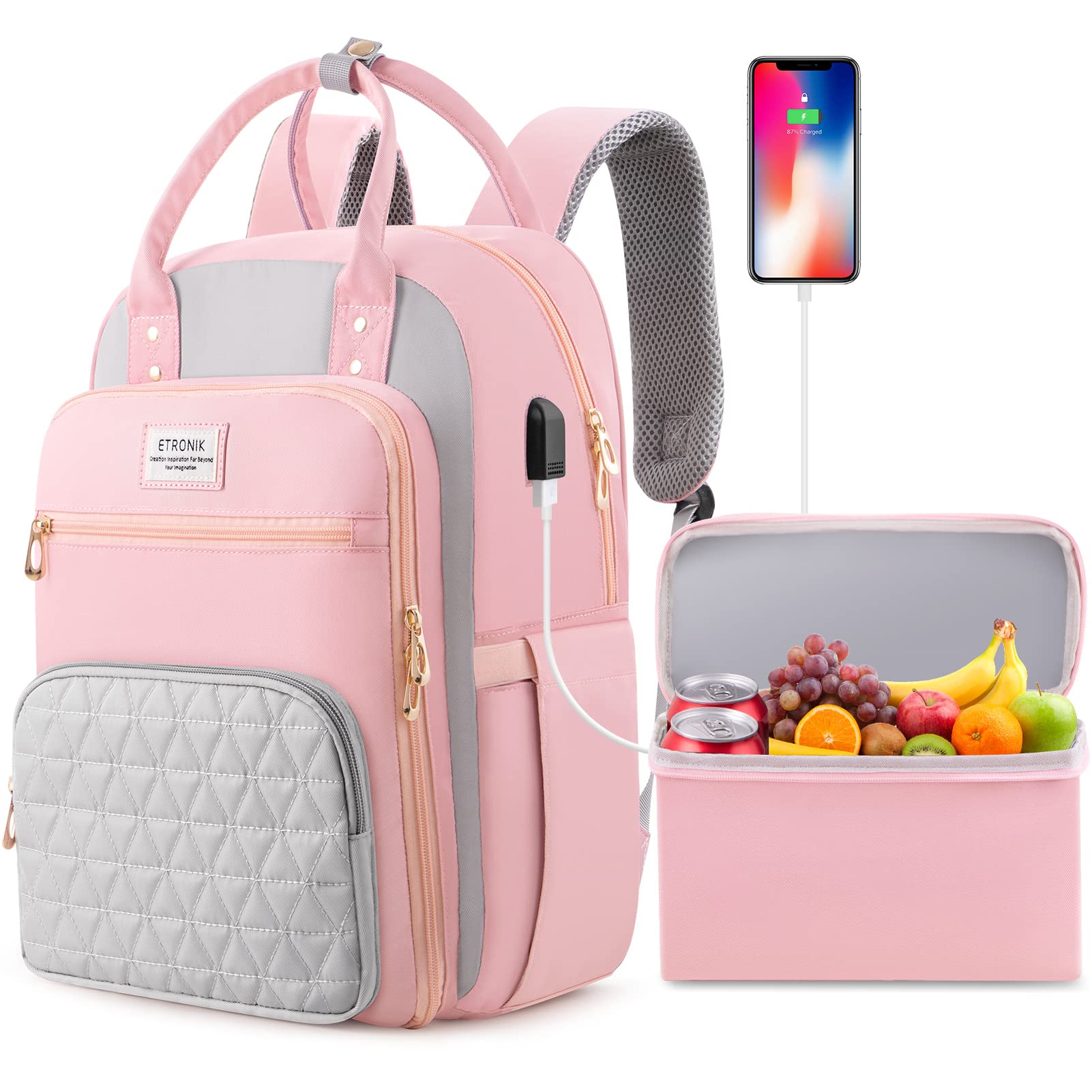 ETRONIK 15.6 Inch Laptop Backpack with USB Charging Port & Insulated Lunch Cooler - Waterproof Work Backpack for Women & Men, School Travel Backpack for Nurse, Teacher, Office Professionals (Pink) - Perfect for Commuting, Business Trips & College Campus Use