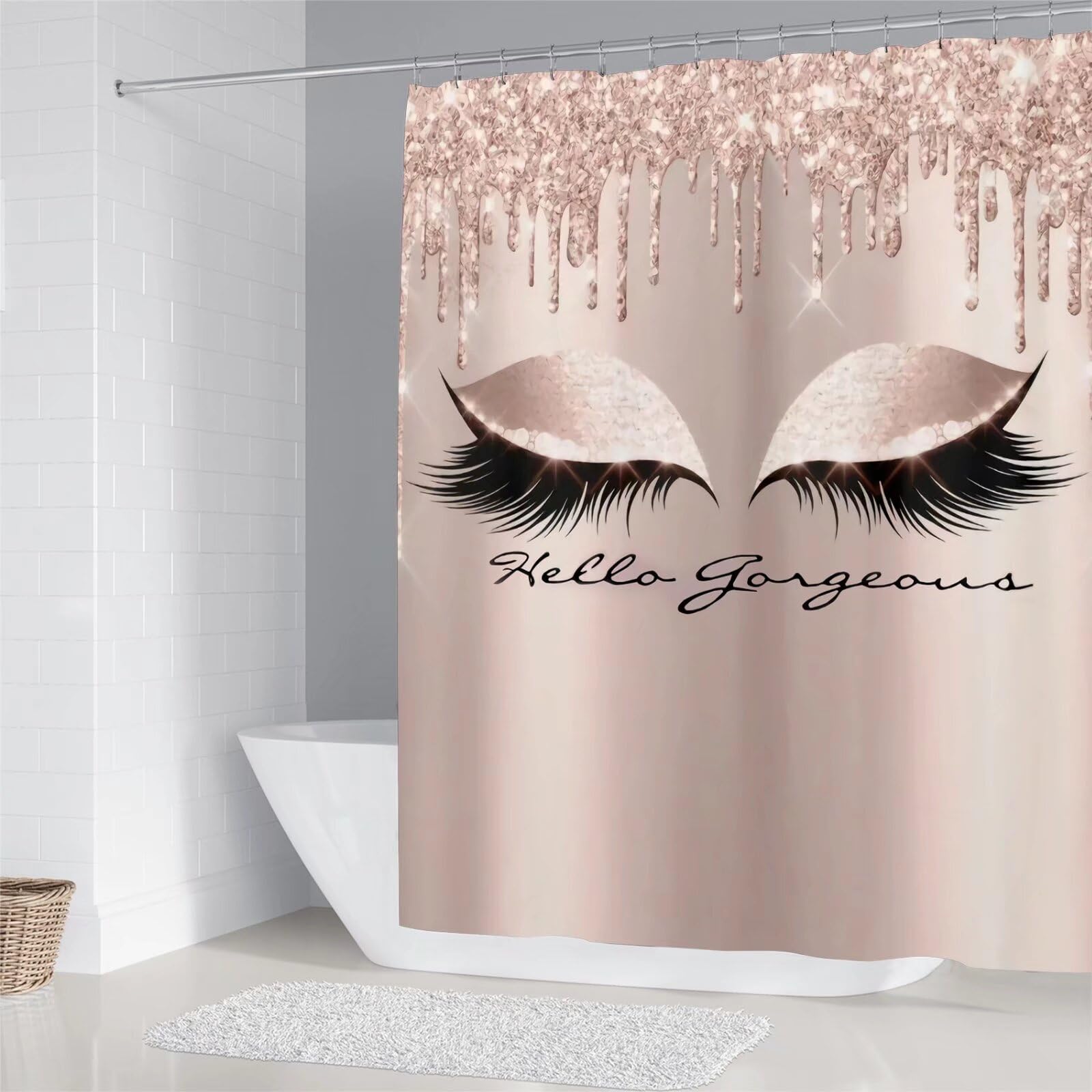 AZHM 4PCS Pink Rose Gold Eyelash Shower Curtain Set - Hello Gorgeous Bathroom Decor with Matching Rugs & Accessories | Elegant Bathroom Upgrade for Women's Spa-Like Shower Experience