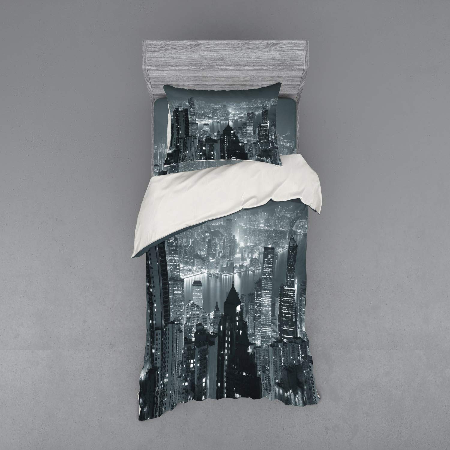 Ambesonne City Duvet Cover Set - Aerial Night View of Hong Kong Skyline Modern Urban Metropolis Panorama | 3-Piece Bedding Set with Pillow Sham & Fitted Sheet | Twin XL Size Grey | Perfect for Urban Decor, Apartment Living & Contemporary Bedroom Design