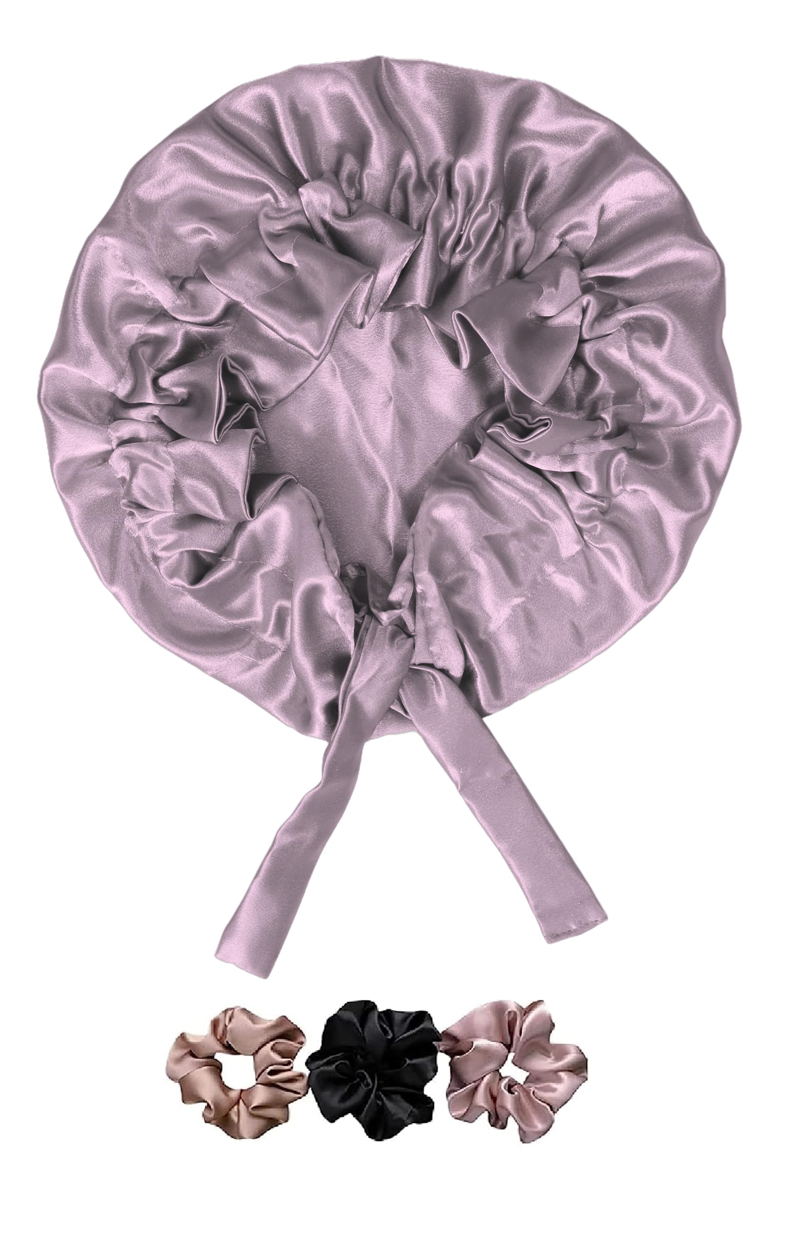 Simmi Luxury Satin Bonnet for Smooth Hair - Rose Taupe Satin Silk Hair Bonnet with 3 Premium Scrunchies, Adjustable Tie Band for Women & Girls (Unisex Adult) | Perfect for Nighttime Hair Protection & Styling
