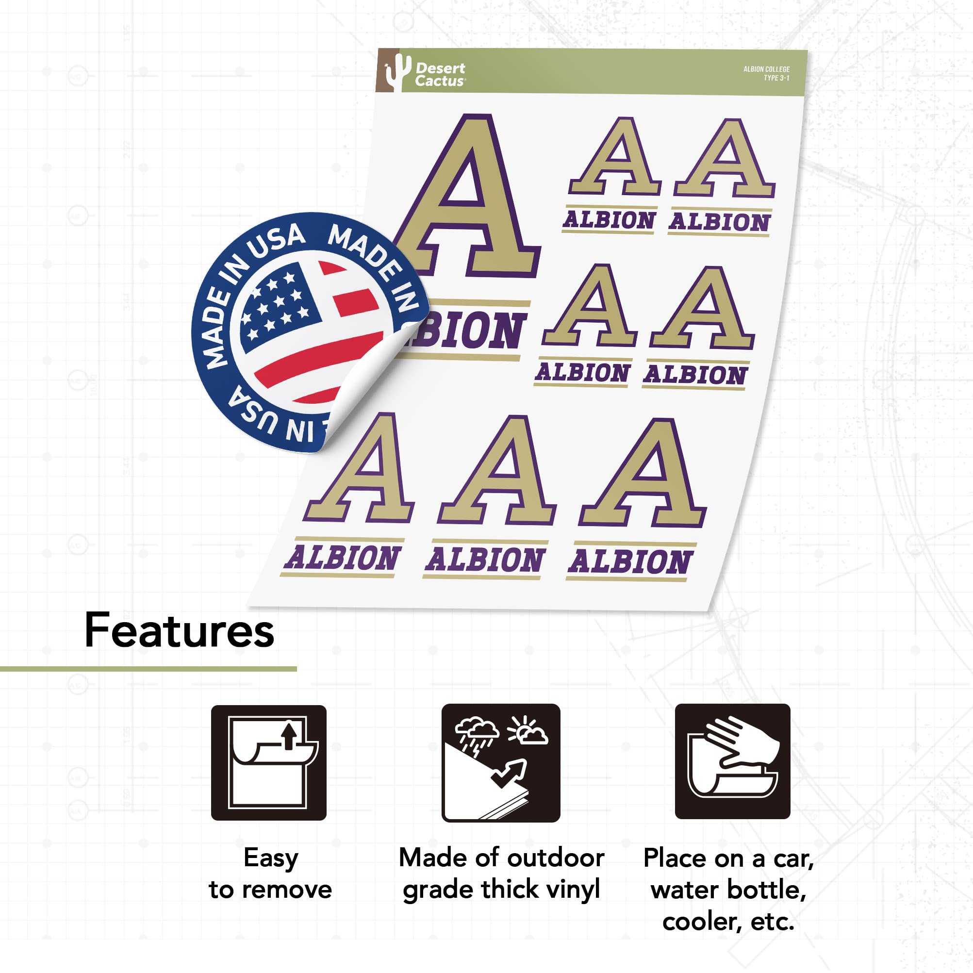 Albion College Britons Desert Cactus Vinyl Decals - Waterproof Stickers for Laptop, Water Bottle, Car & Scrapbook - Perfect for School Spirit, College Dorm Decor & DIY Crafts