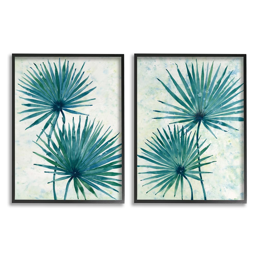 Abstract Palm Fans Blue Green Silhouette Wall Art Set of 2 - 16x20 Inches Black Framed Canvas Prints by Tim Otoole - Perfect for Living Room, Bedroom & Office Decor