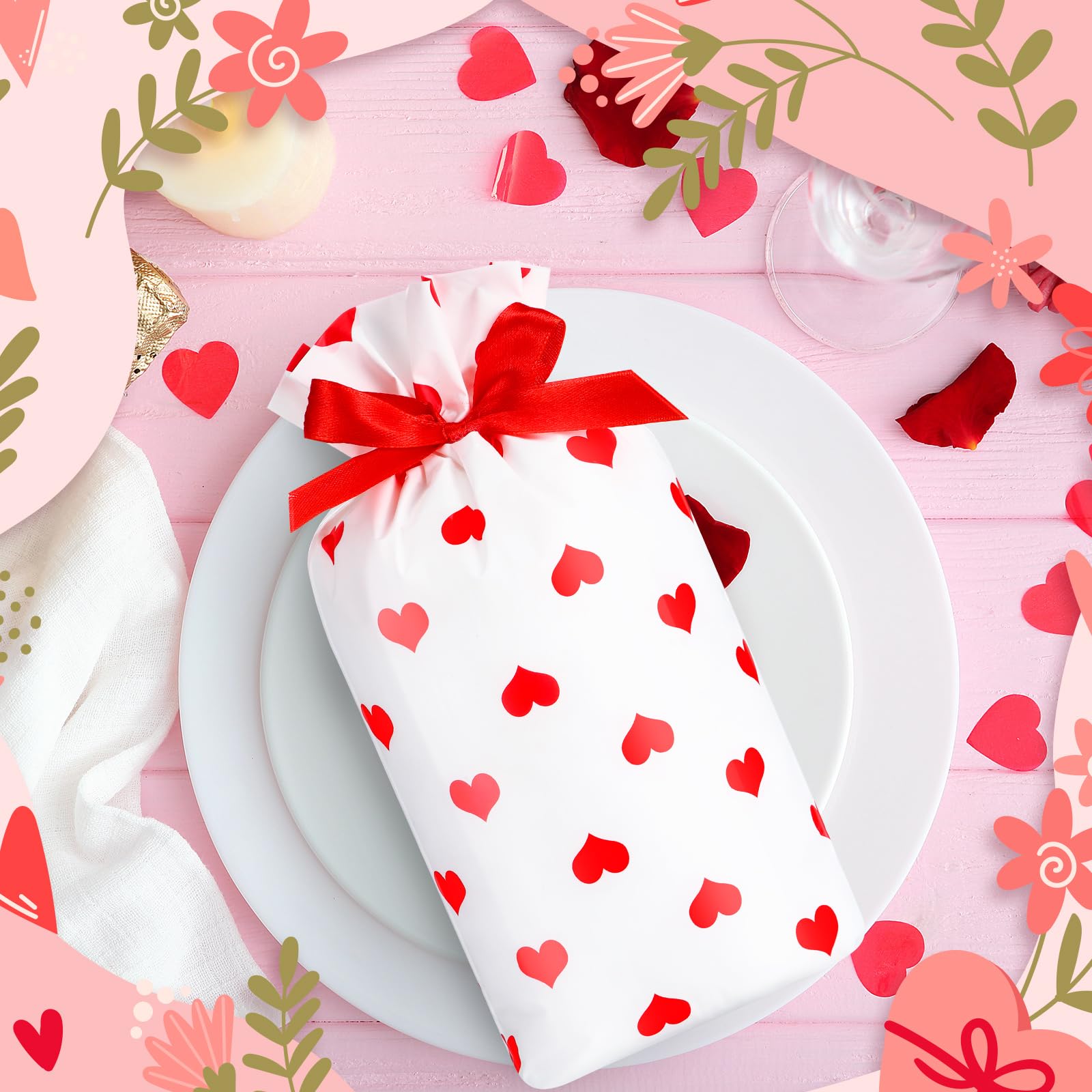 Valentine's Day Gift Bags 6x9 Inch - Heart Print Party Favors for Weddings & Events