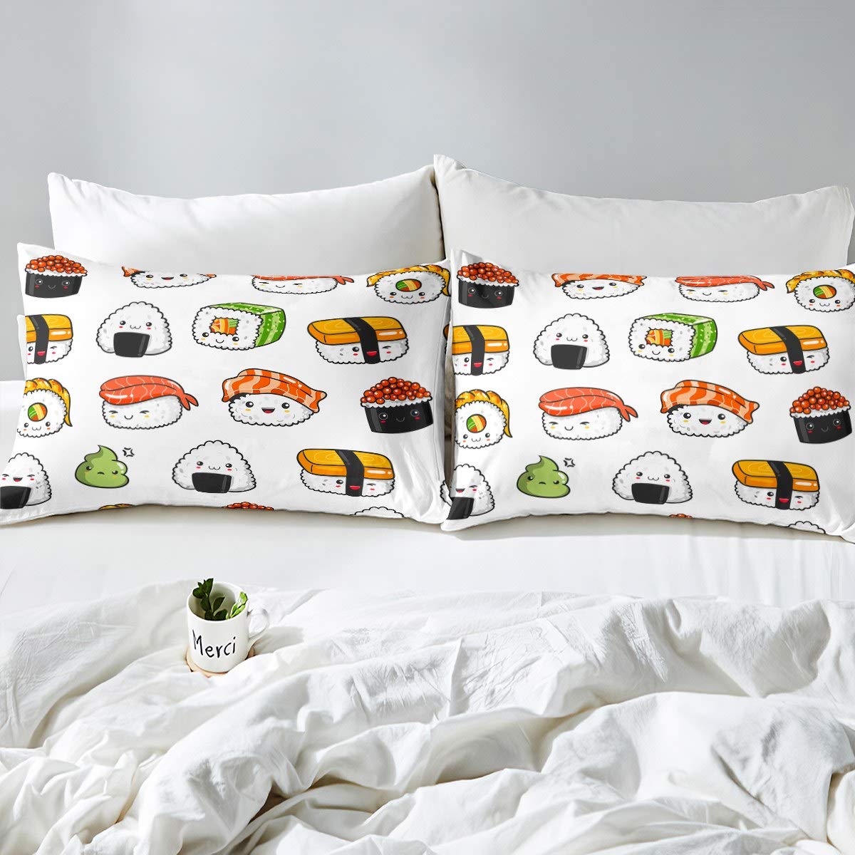 Japanese Sushi Pattern Queen Size Bedding Set - Cute Cartoon Microfiber Sheet & Pillowcase for Girls Teens Room Decor | Soft Kawaii Style Fitted Sheet (1 Fitted Sheet + 1 Pillow Case) - Perfect for Anime Themed Bedrooms & Sleepovers
