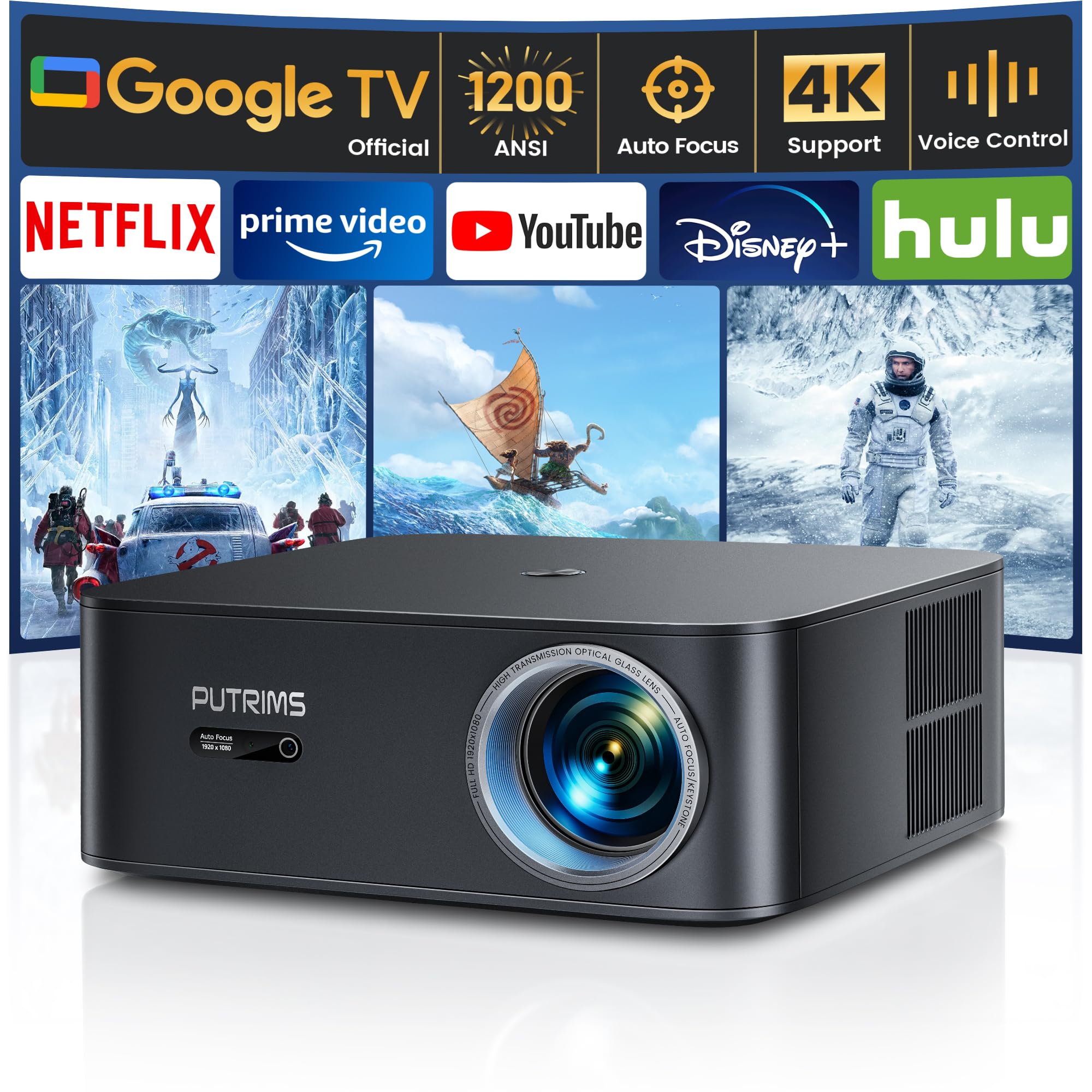 4K Google TV Projector with 1200 ANSI Lumens - Official Netflix Support, Auto Focus, Keystone Correction, WiFi6, Bluetooth, Full HD 1080P, Voice Control, 50% Zoom - Perfect for Home Theater, Outdoor Movies, Business Presentations & Daytime Viewing