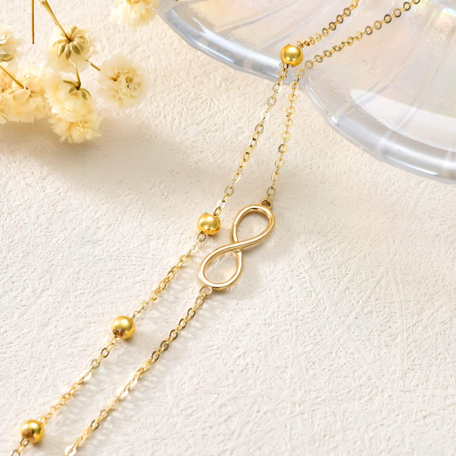 14K Solid Gold Infinity Bracelet for Women - Real Gold Layered Bead Bracelet, Fine Jewelry Gift for Her, Mom, Wife - Anniversary, Birthday, Mother's Day Gift - Adjustable 6.5+2 Inches - Perfect for Date Nights, Weddings & Special Occasions