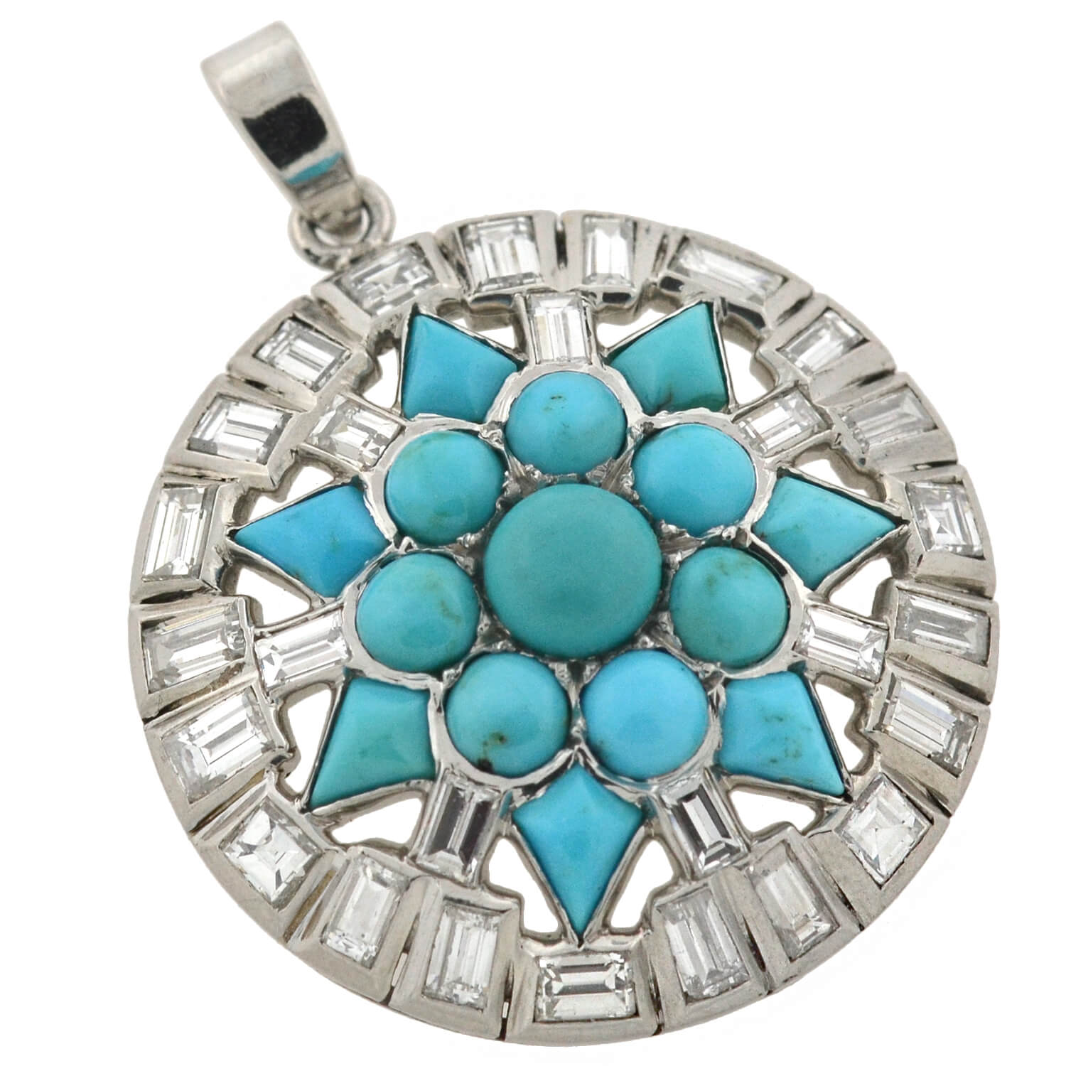 Art Deco Platinum Turquoise and Diamond Starburst Pendant Necklace - 3.00ctw Vintage Jewelry for Women - Perfect for Evening Gala, Wedding & Special Occasions