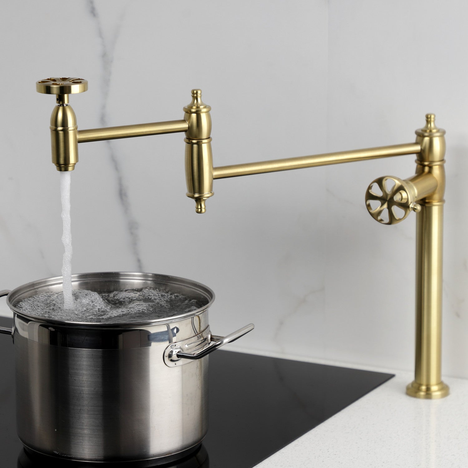 Belknap KS3707RX Brushed Brass Two Handle Deck Mount Pot Filler Faucet - Perfect for Kitchen Sink, Stove & Cooking Area