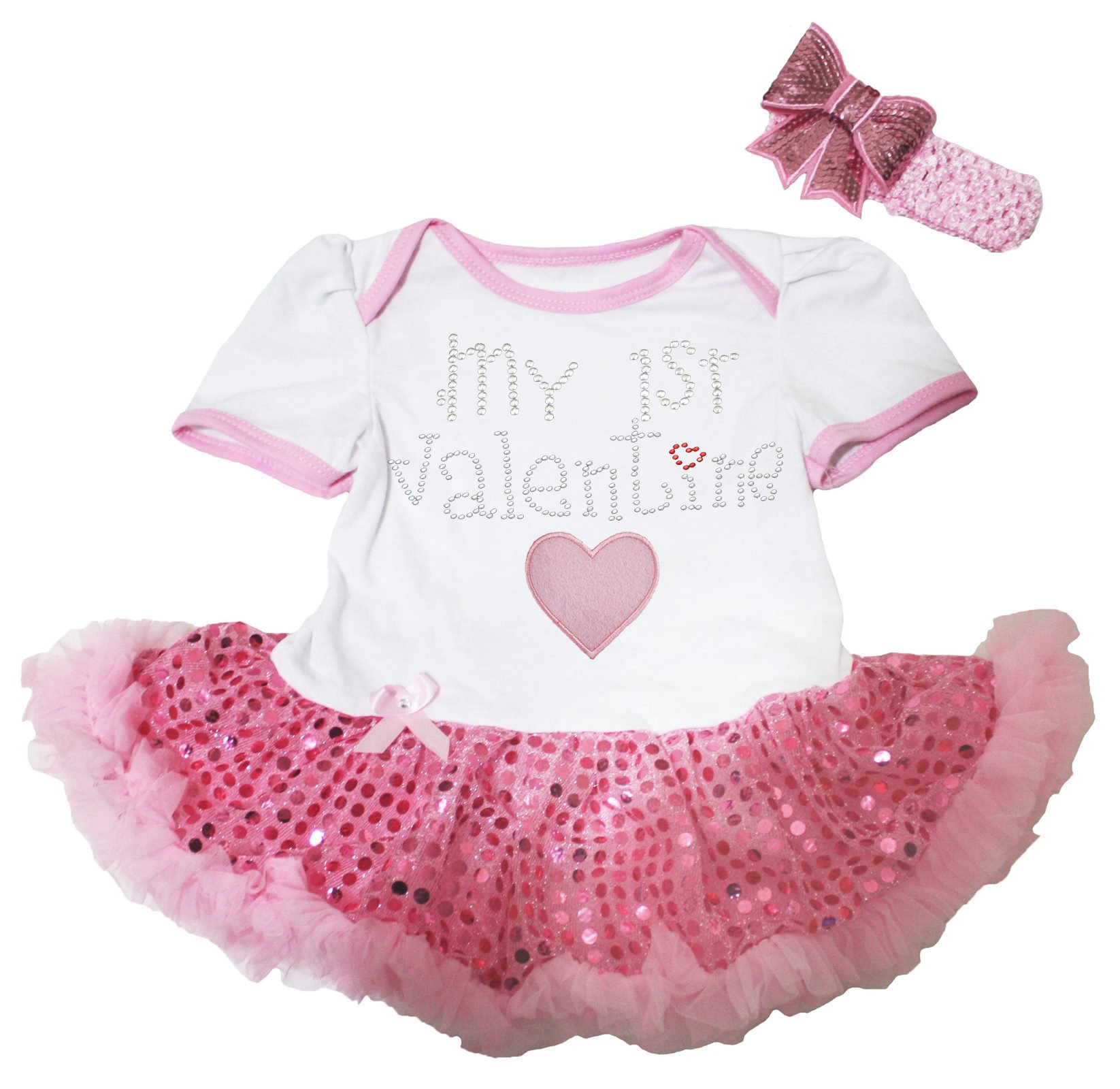 Petitebella My 1st Valentine Heart White Bodysuit Pink Sequins Baby Dress Newborn-18 Months | Perfect for Valentine's Day, Photo Shoots & Special Occasions