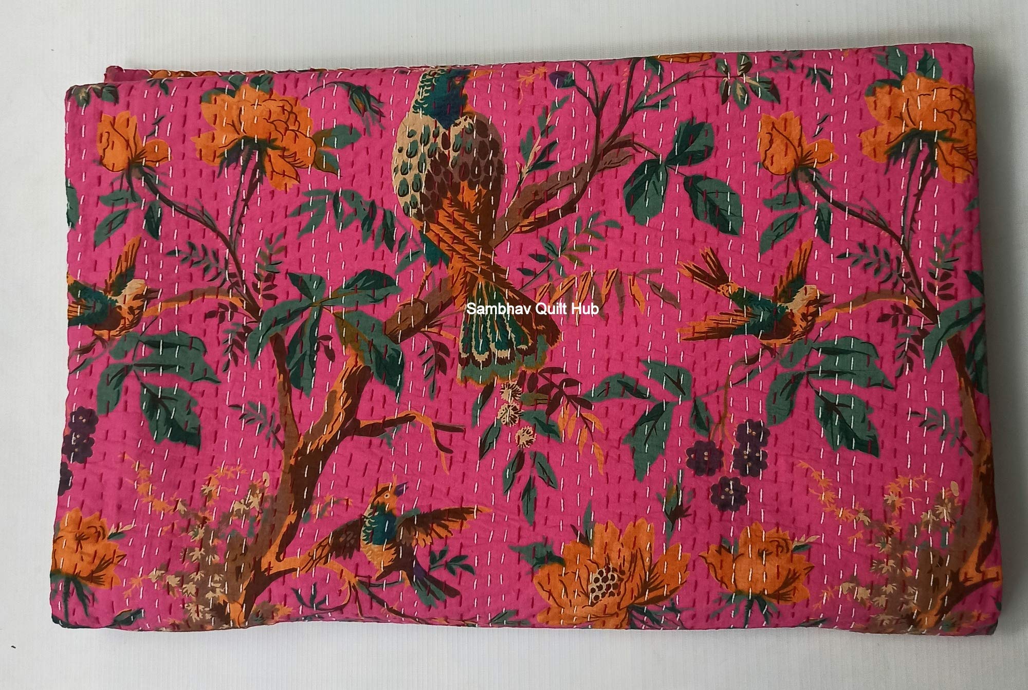 Reversible Pink Floral Bird Kantha Quilt - Bohemian King/Queen Size Bedspread (90x108 Inches) with 2 Matching Pillow Covers | Soft Cotton Bedding for Home Decor, Guest Room & Bohemian Style Bedroom