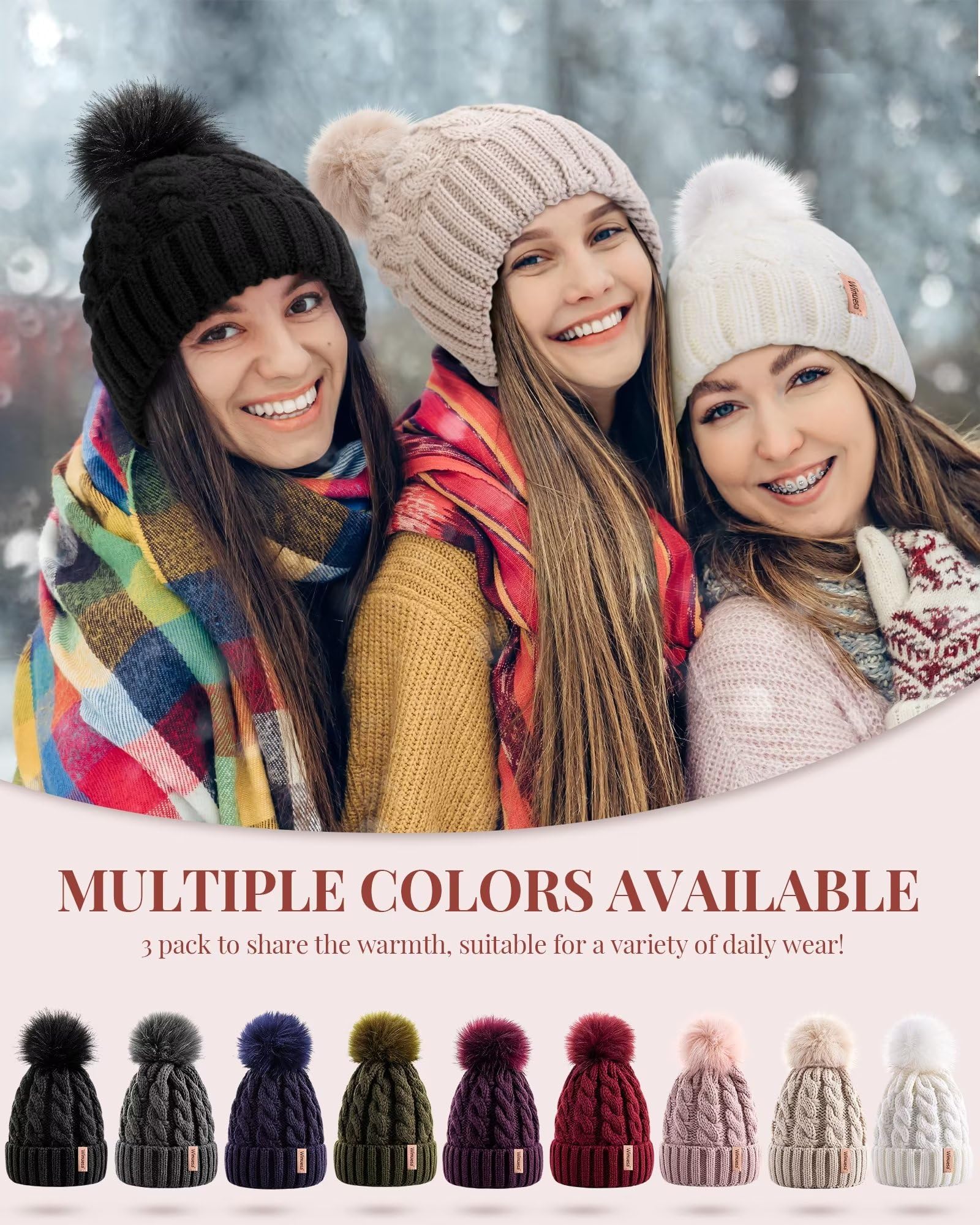 3 PCS Women's Knit Beanie Hats with Pom Pom - Warm Winter & Fall Fashion Hats for Ladies - Perfect for Outdoor Activities, Skiing, Snowboarding & Casual Winter Wear