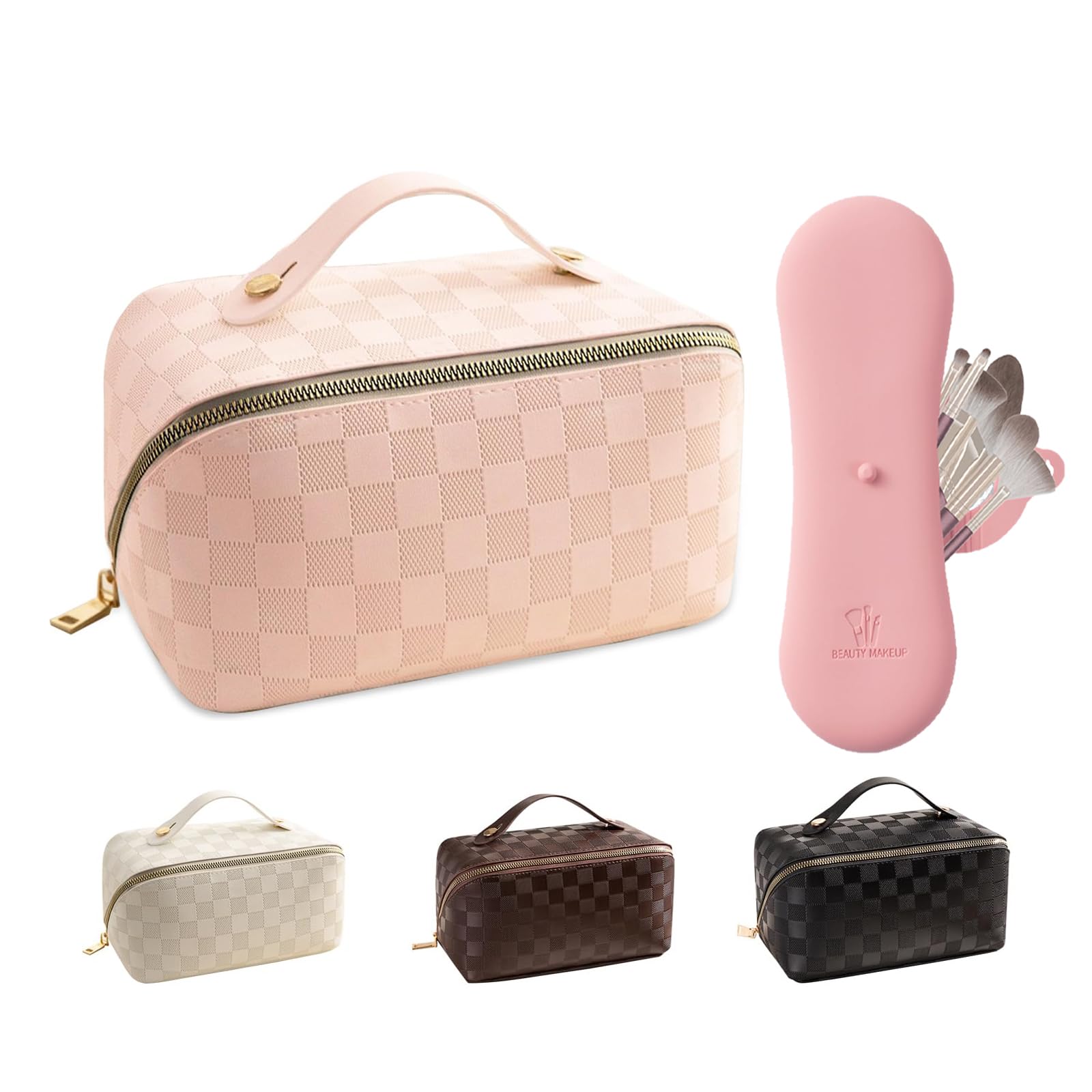 **Large Pink Waterproof Travel Makeup Bag with Silicone Brush Holder – Portable Cosmetic Organizer for Women | Perfect for Vacations, Gym, and Daily Essentials**